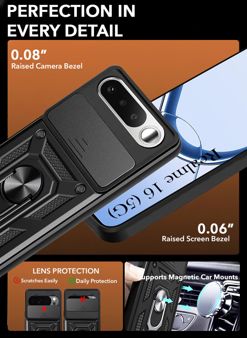 For Realme 16 Back Cover Case Hybrid Armor (Sliding Shutter Camera Protection | Polycarbonate |Ring Holder Kickstand)