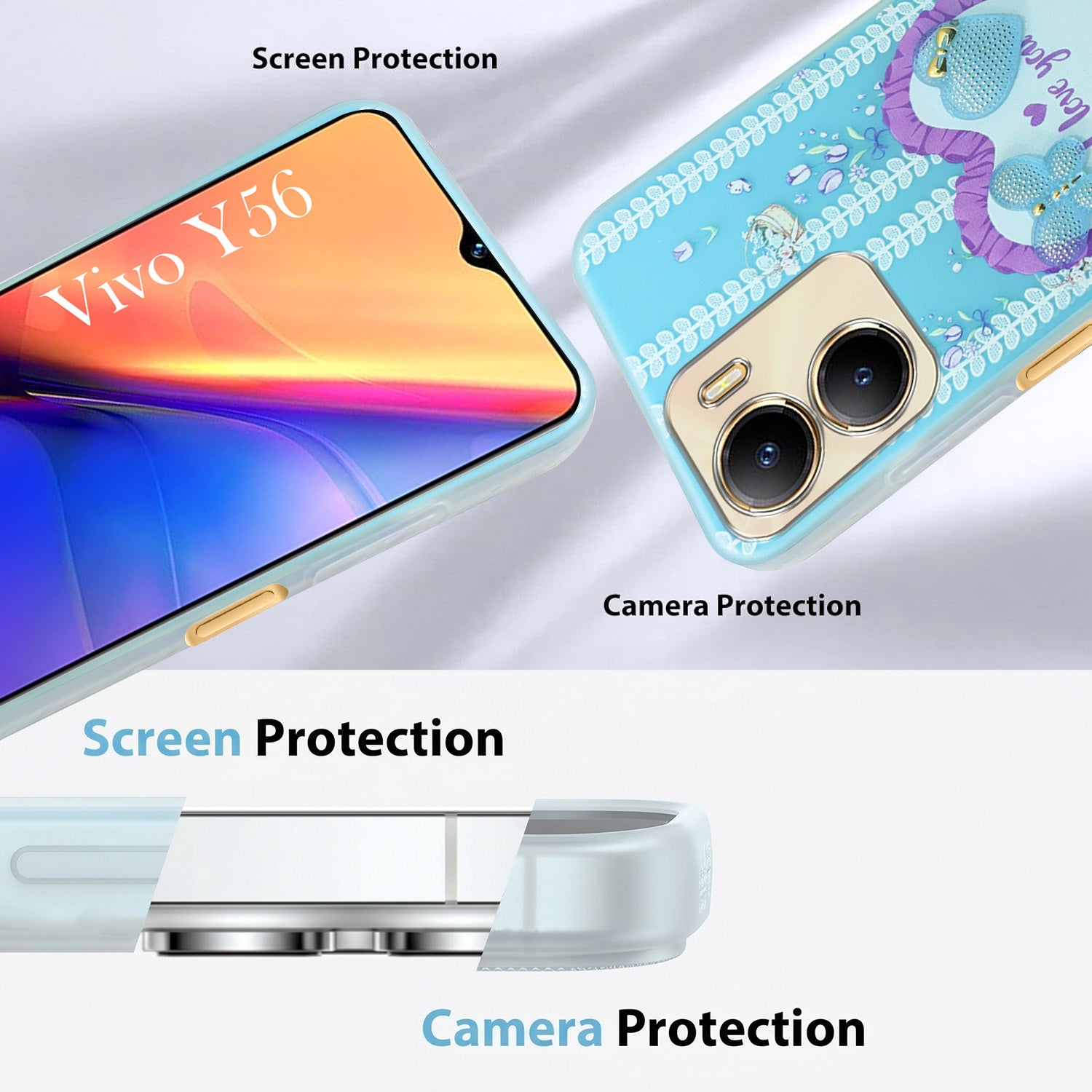For Vivo Y56 5G Back Cover Case (3D Cute Heart Strap Holder | Camera Protection | Designer Girls Print)