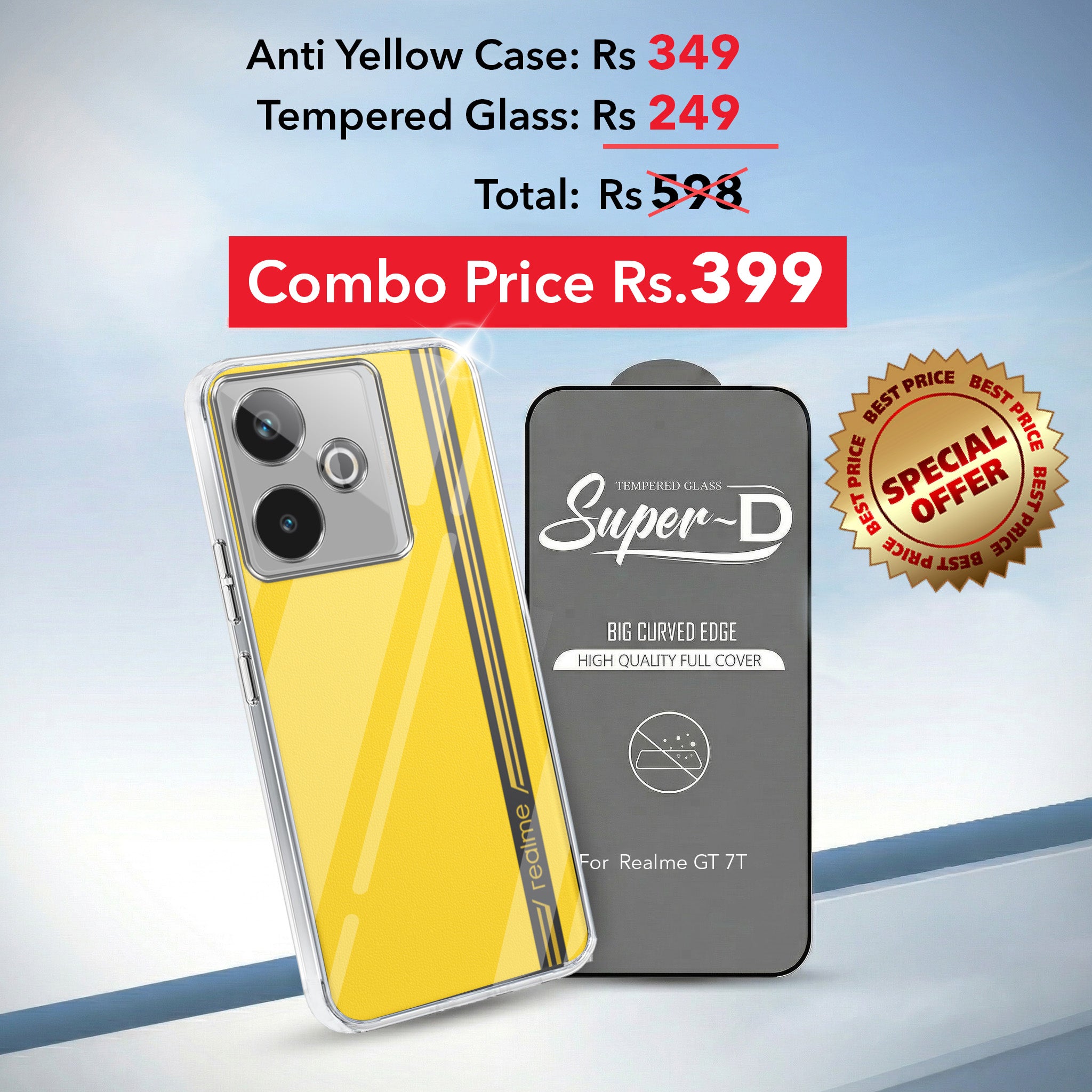 For Realme GT 7T Combo with Back Cover and 9H Tempered Glass (Lifetime Anti-Yellow | Sleek Hard Crystal | Oleophobic Coating Screen Glass)