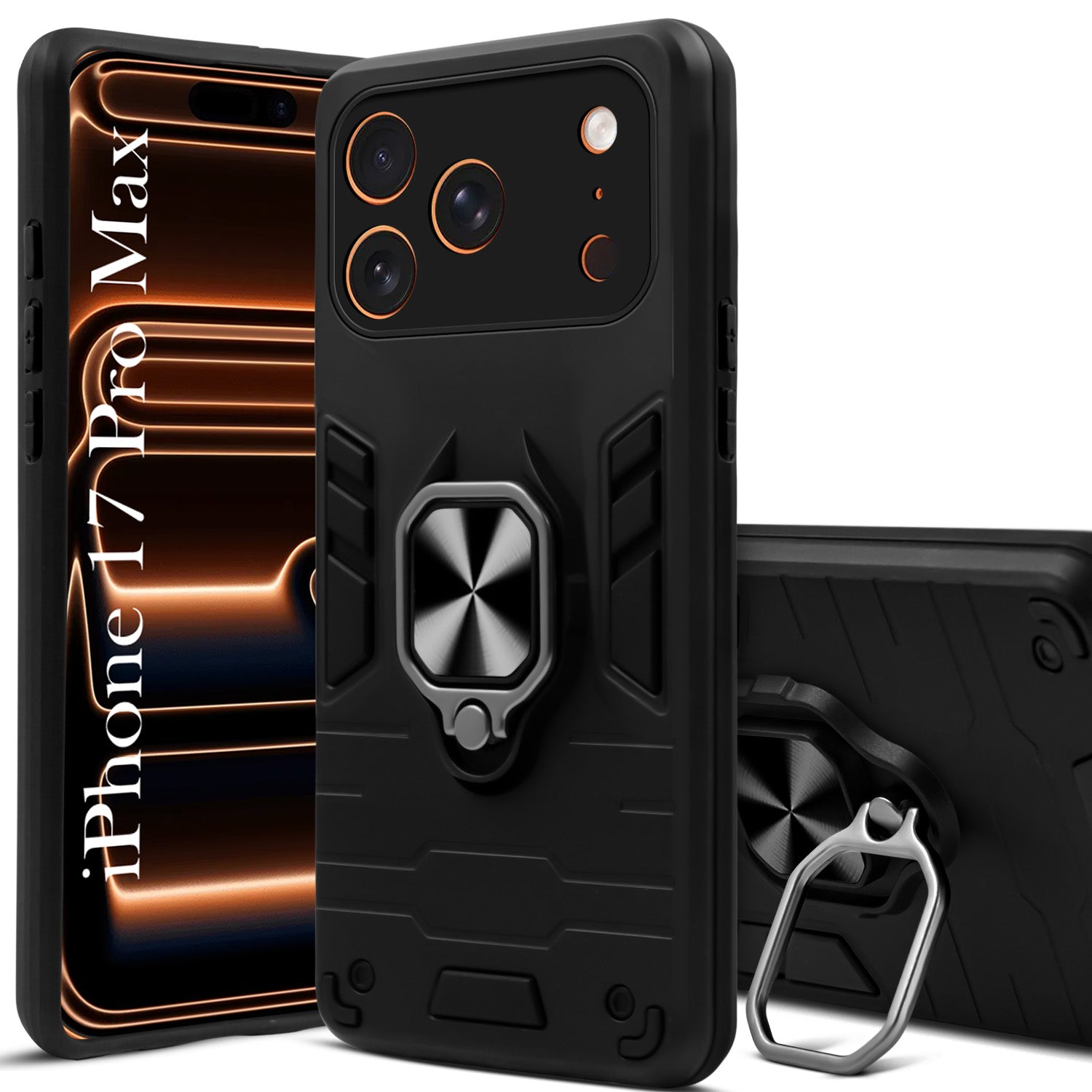 For Apple iPhone 17 Pro Max Back Cover Case (Shockproof Dual Layer Polycarbonate |Ring Holder Kickstand)