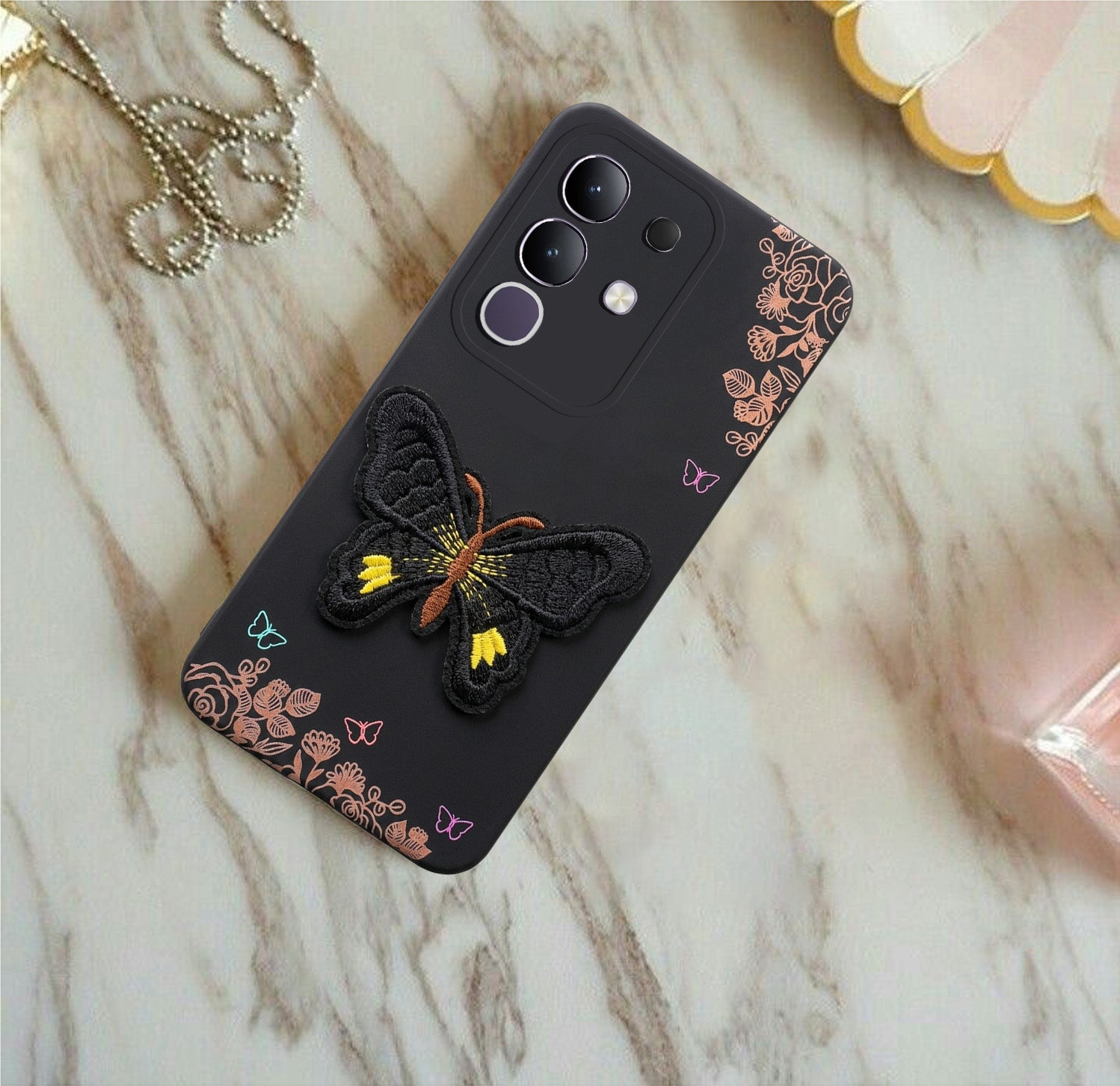 For Vivo T4x | Vivo Y31 Pro Back Cover Case (Soft Butterfly Embroidery | Women Teen Girls | Camera Protection| Matte Silicone)