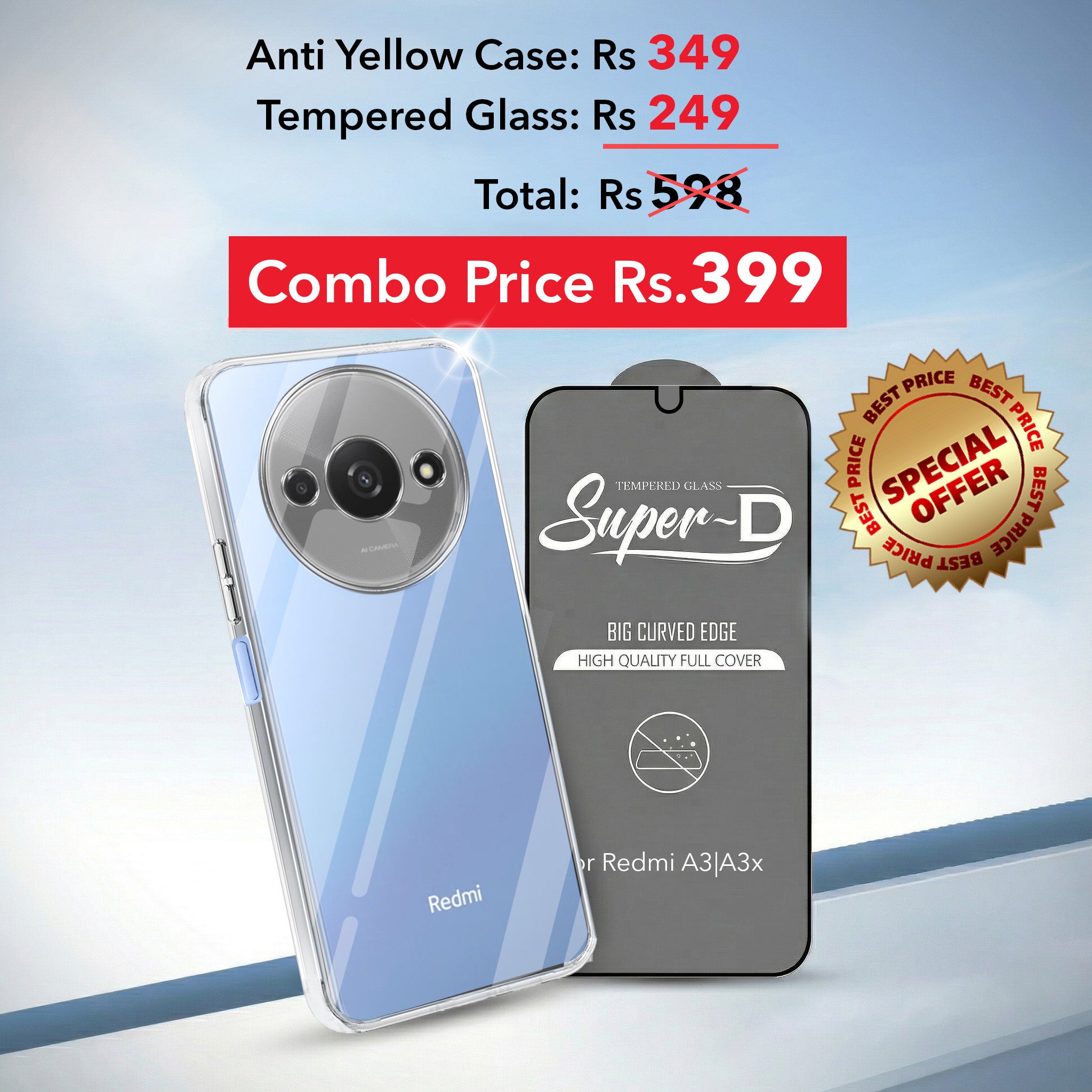 For Redmi A3 2024 | Redmi A3x Combo with Back Cover and 9H Tempered Glass (Lifetime Anti-Yellow | Sleek Hard Crystal | Oleophobic Coating Screen Glass)