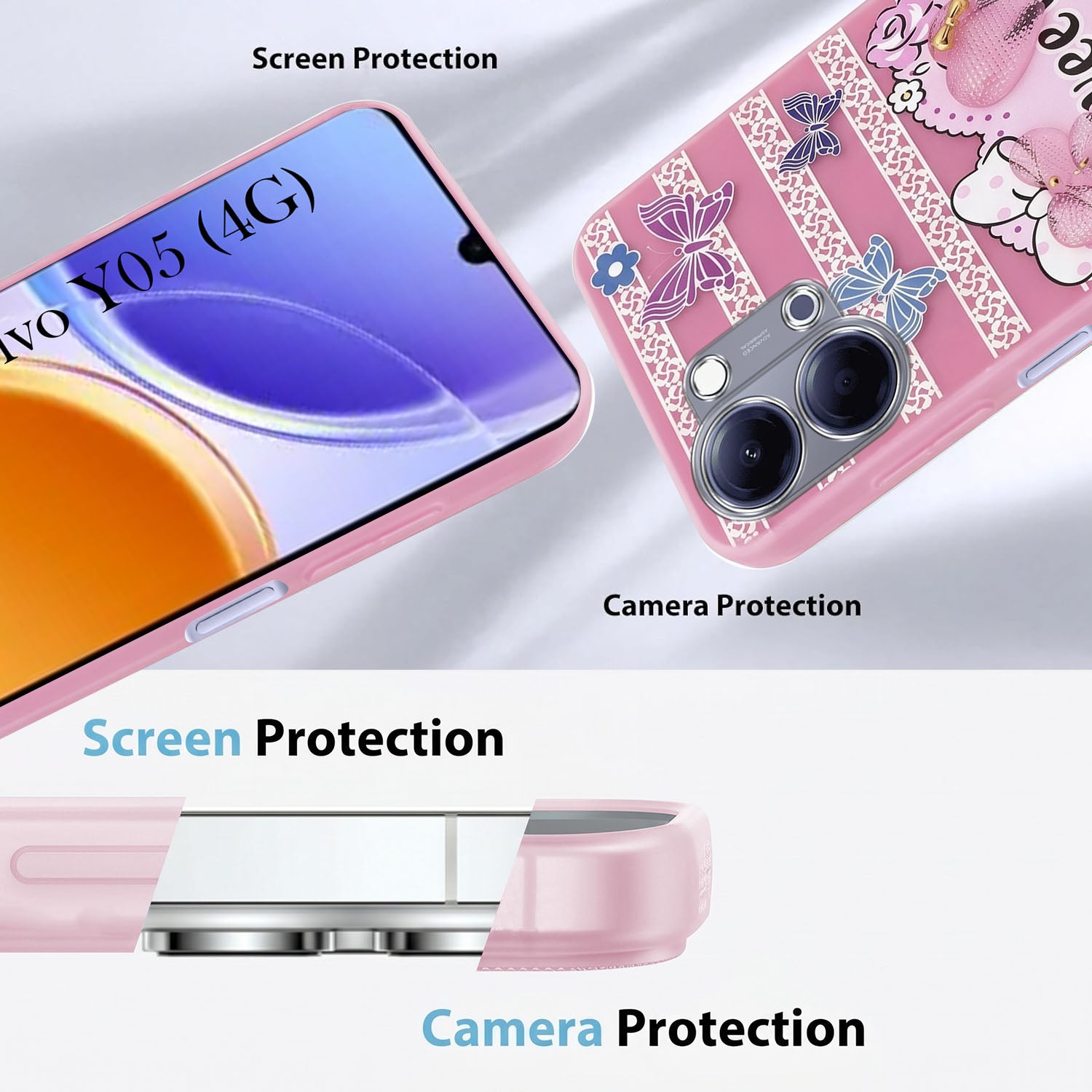 For Vivo Y05 4G Back Cover Case (3D Cute Heart Strap Holder | Camera Protection | Designer Girls Print)