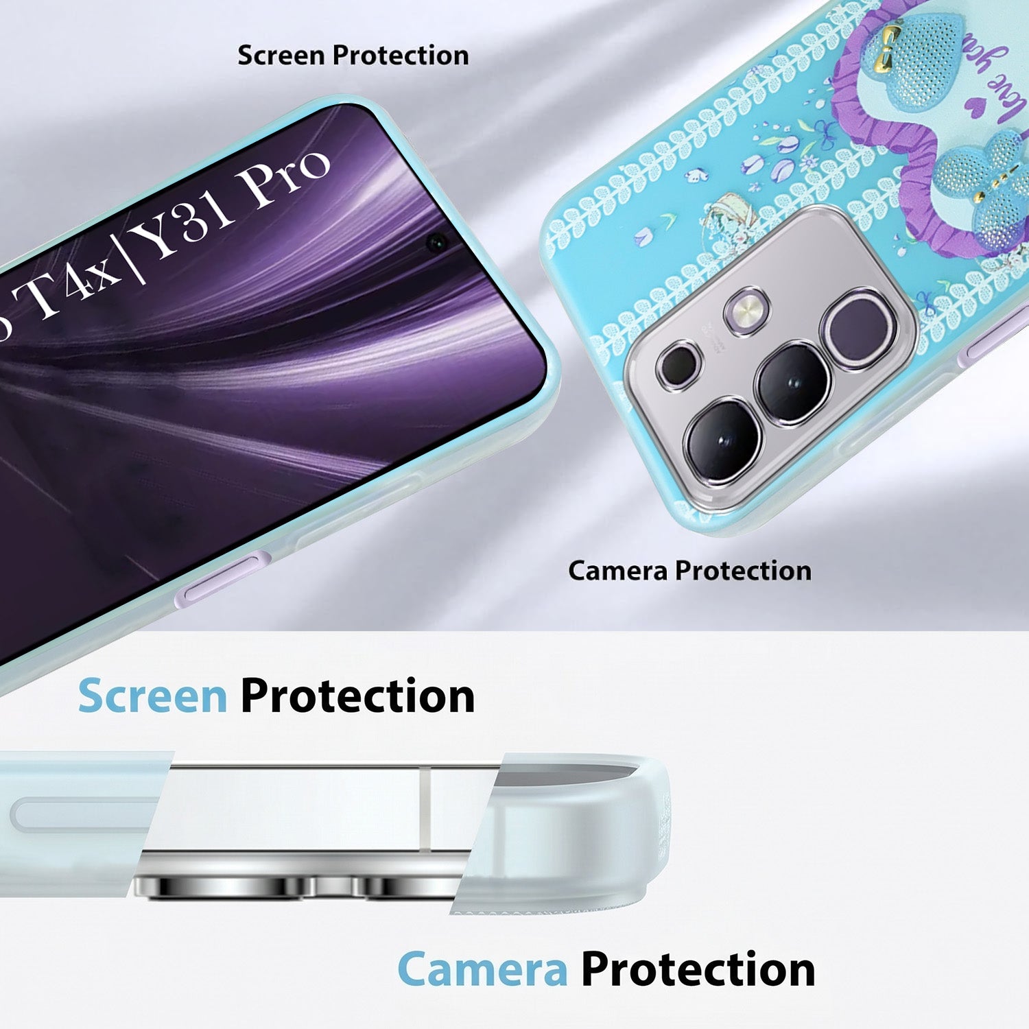 For Vivo T4x | Vivo Y31 Pro Back Cover Case (3D Cute Heart Strap Holder | Camera Protection | Designer Girls Print)