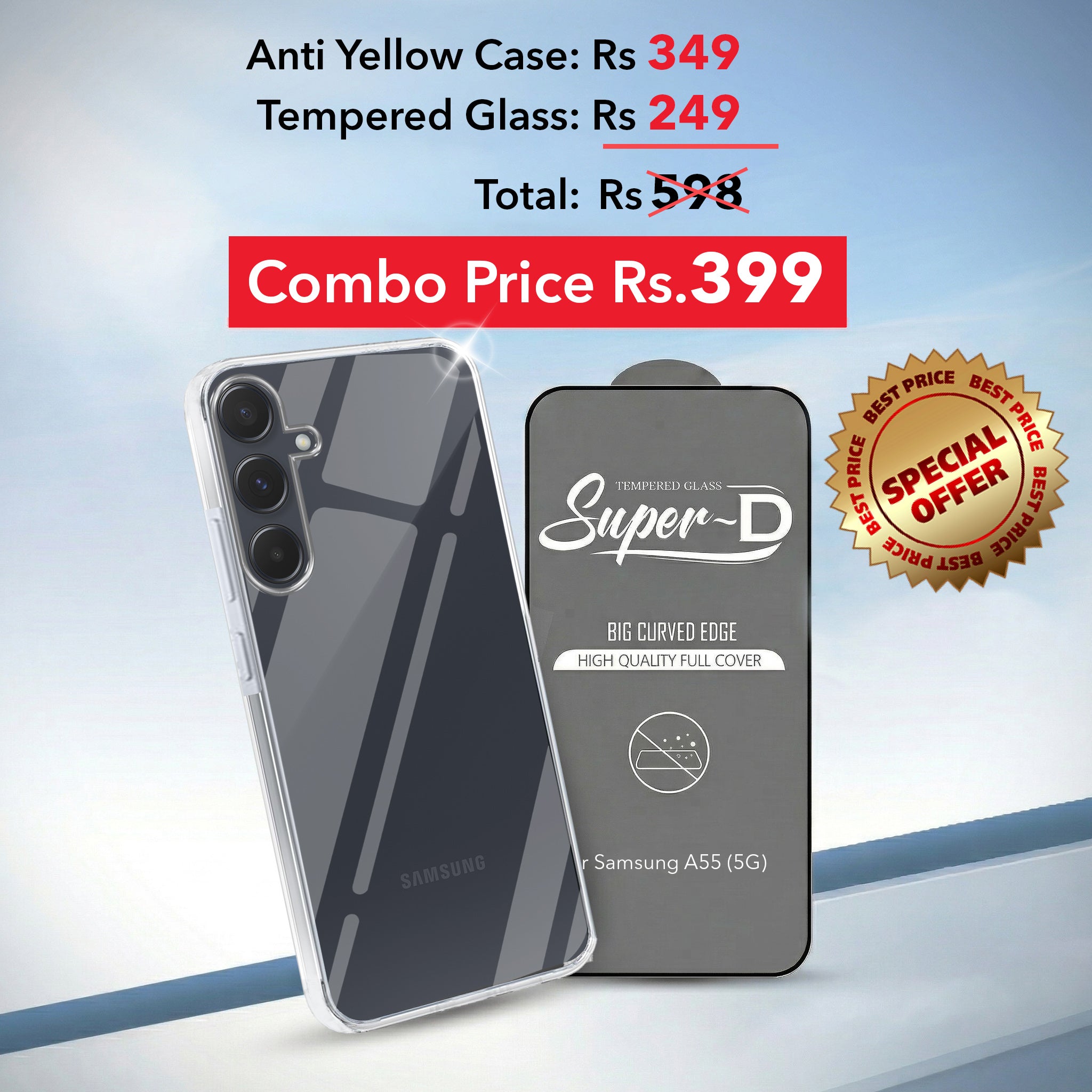 For Samsung Galaxy A55 5G Combo with Back Cover and 9H Tempered Glass (Lifetime Anti-Yellow | Sleek Hard Crystal | Oleophobic Coating Screen Glass)