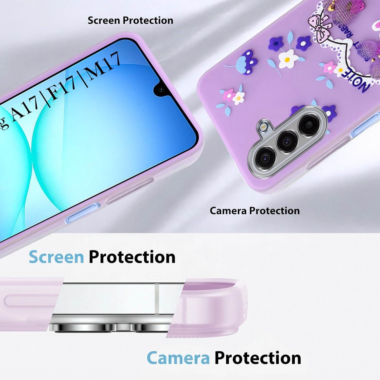 For Samsung A17 Back Cover Case (3D Cute Heart Strap Holder | Camera Protection | Designer Girls Print)