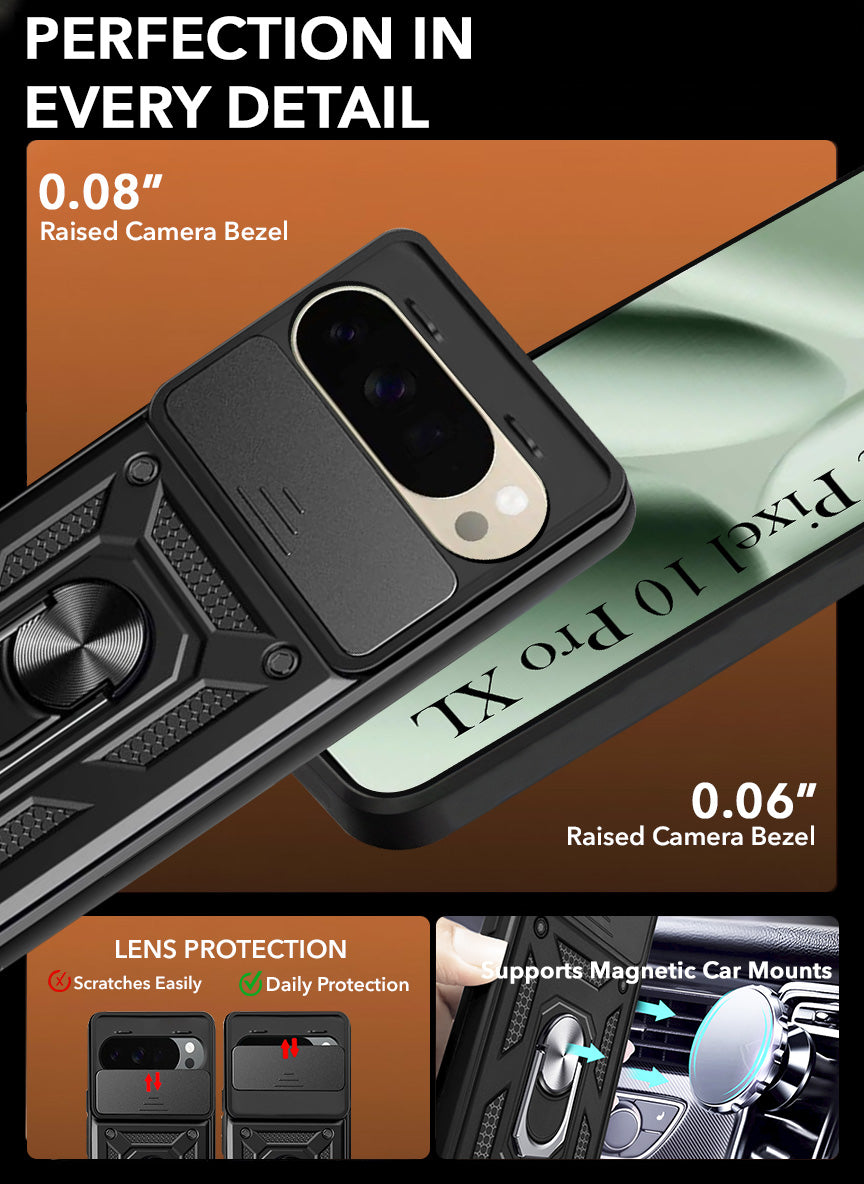 For Google Pixel 10 Pro XL Back Cover Case Hybrid Armor (Sliding Shutter Camera Protection | Polycarbonate |Ring Holder Kickstand)