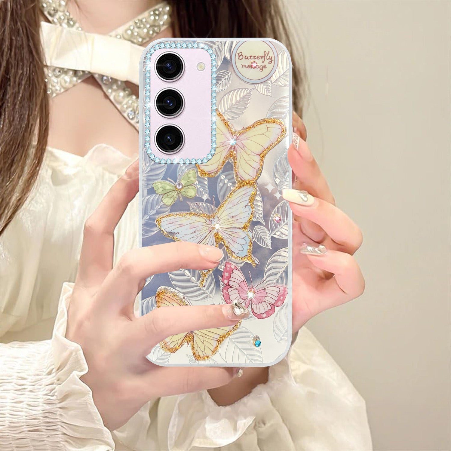 For Samsung Galaxy S23 5G Back Cover Case (Luxury Floral Glitter Cute Butterfly | Diamond Studded Camera Bump | Girls & Women Design)