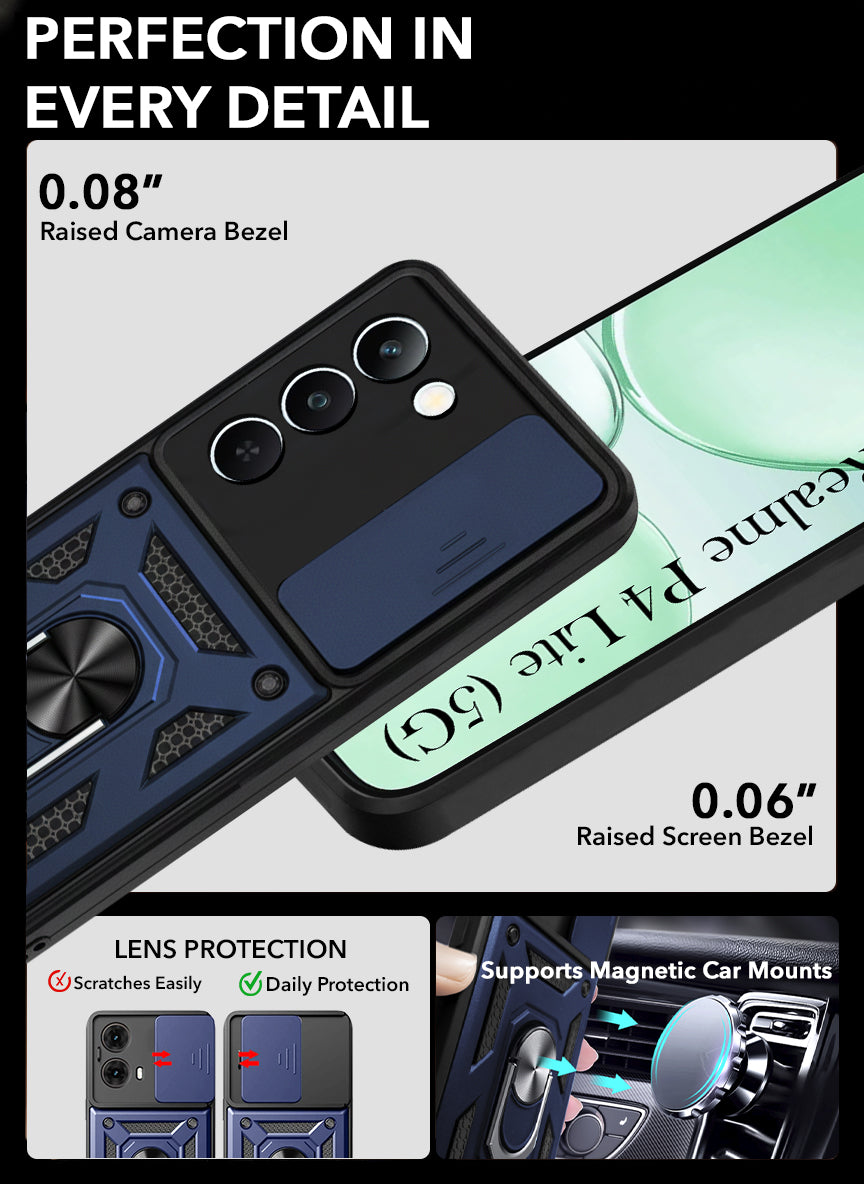 For Realme P4 Lite 5G | Realme Narzo 100 Lite 5G Back Cover Case Hybrid Armor (Sliding Shutter Camera Protection | Polycarbonate |Ring Holder Kickstand)