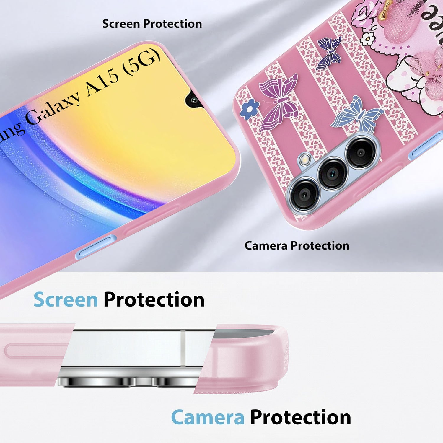For Samsung Galaxy A15 5G Back Cover Case (3D Cute Heart Strap Holder | Camera Protection | Designer Girls Print)