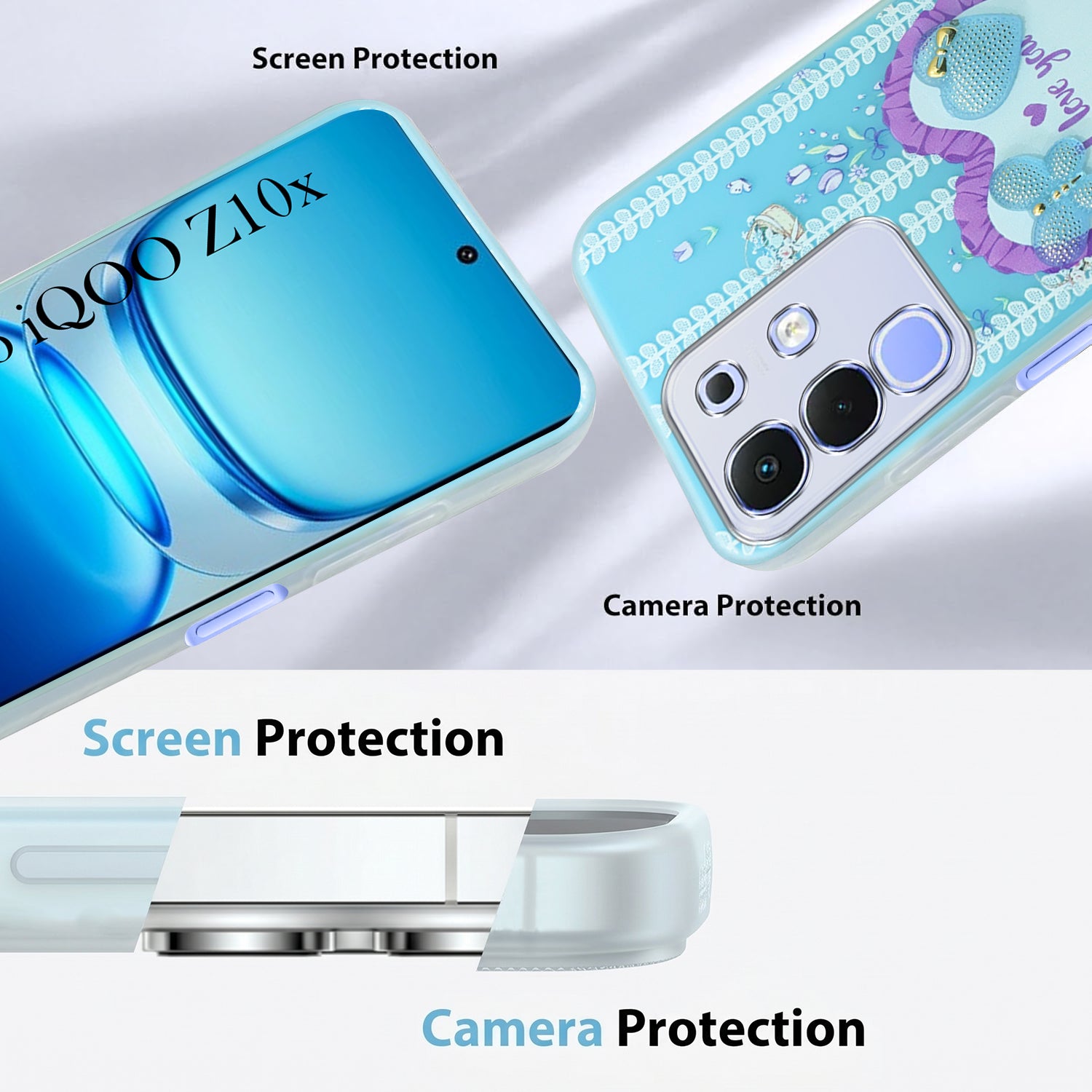 For Vivo iQOO Z10x Back Cover Case (3D Cute Heart Strap Holder | Camera Protection | Designer Girls Print)