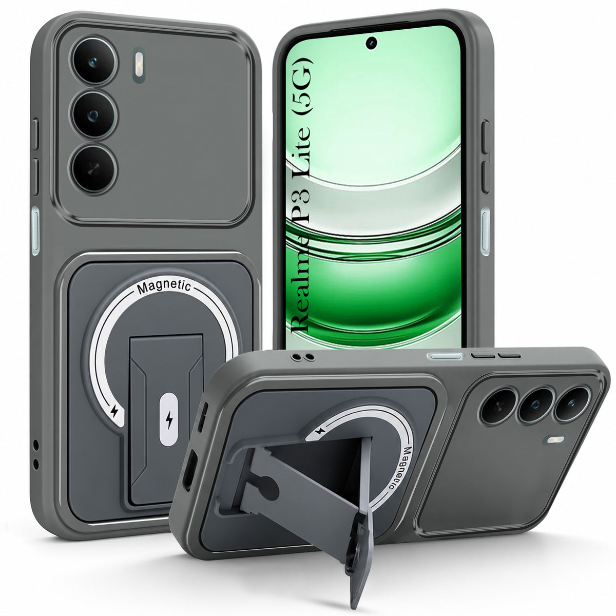 For Realme P3 Lite Back Case Cover Metallic (Hybrid Armor Kickstand | MagSafe Compatible | Camera Protection Shockproof)