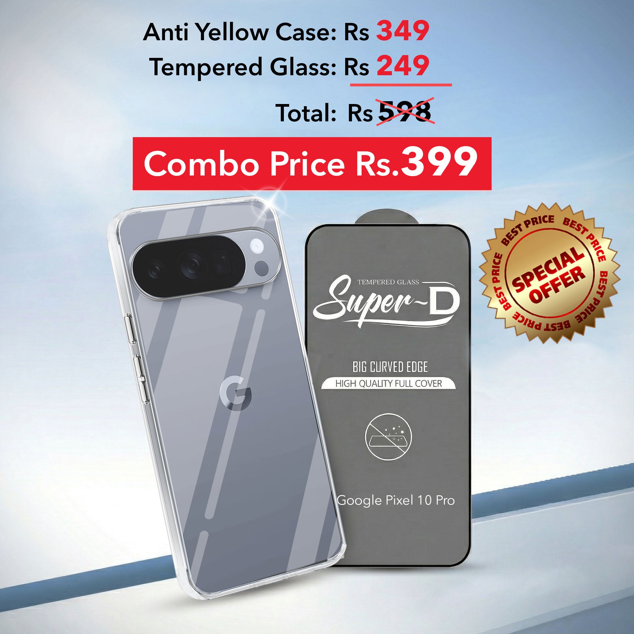 For Google Pixel 10 Pro Combo with Back Cover and 9H Tempered Glass (Lifetime Anti-Yellow | Sleek Hard Crystal | Oleophobic Coating Screen Glass)
