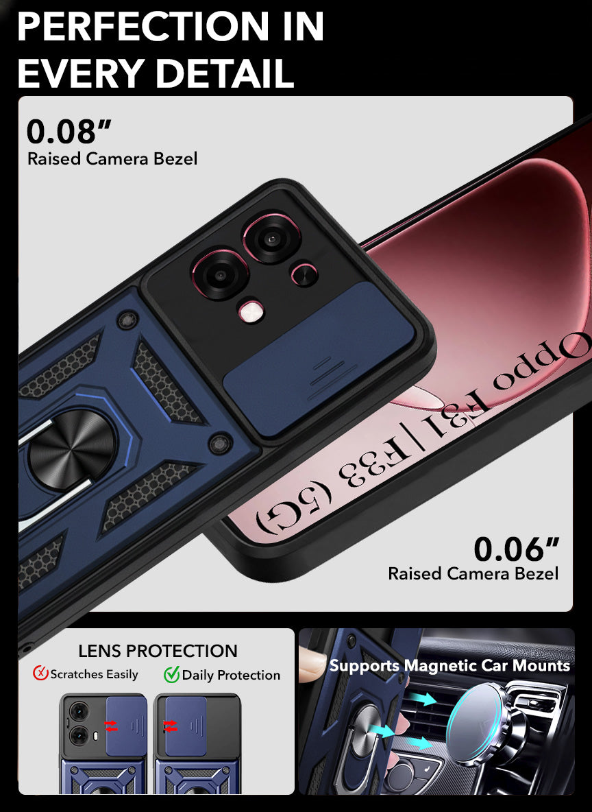 For Oppo F31 5G | Oppo F33 5G Back Cover Case Hybrid Armor (Sliding Shutter Camera Protection | Polycarbonate |Ring Holder Kickstand)