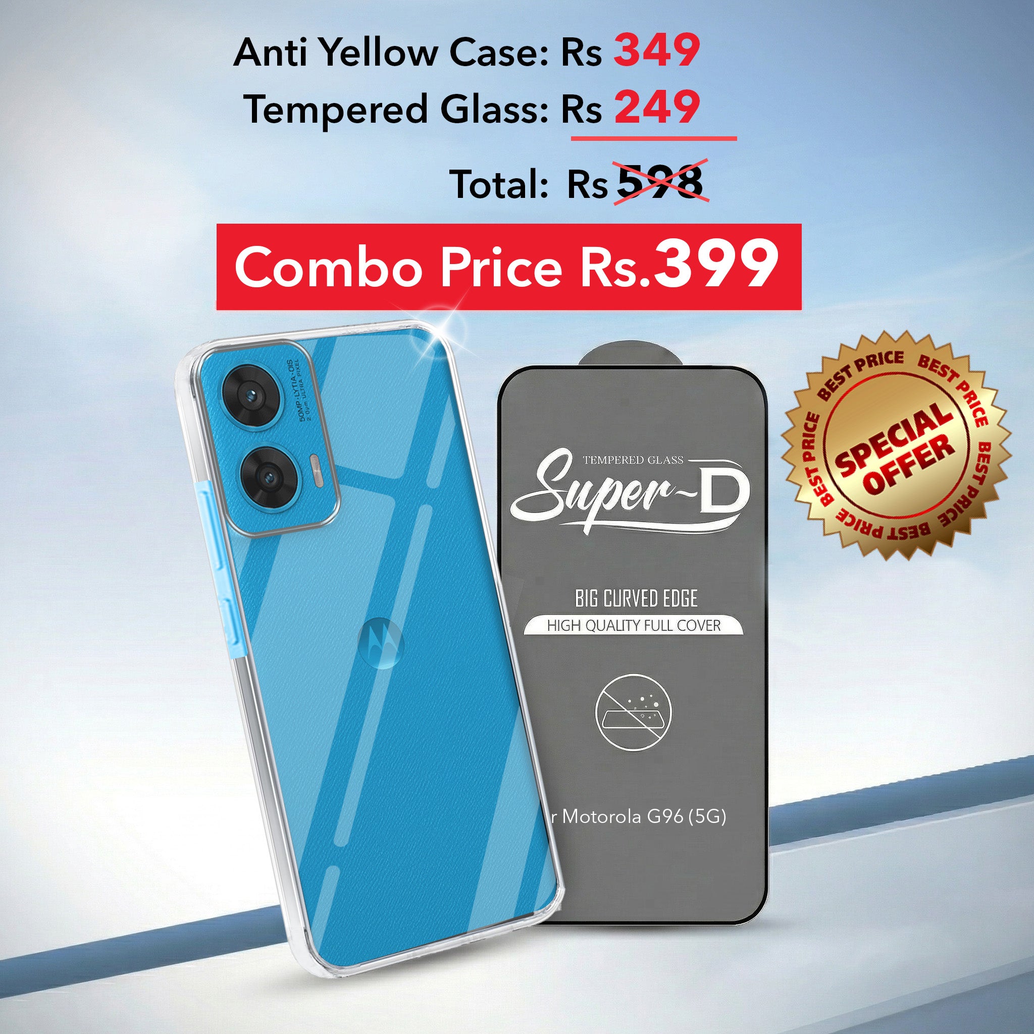 For Motorola Moto G96 Combo with Back Cover and 9H Tempered Glass (Lifetime Anti-Yellow | Sleek Hard Crystal | Oleophobic Coating Screen Glass)