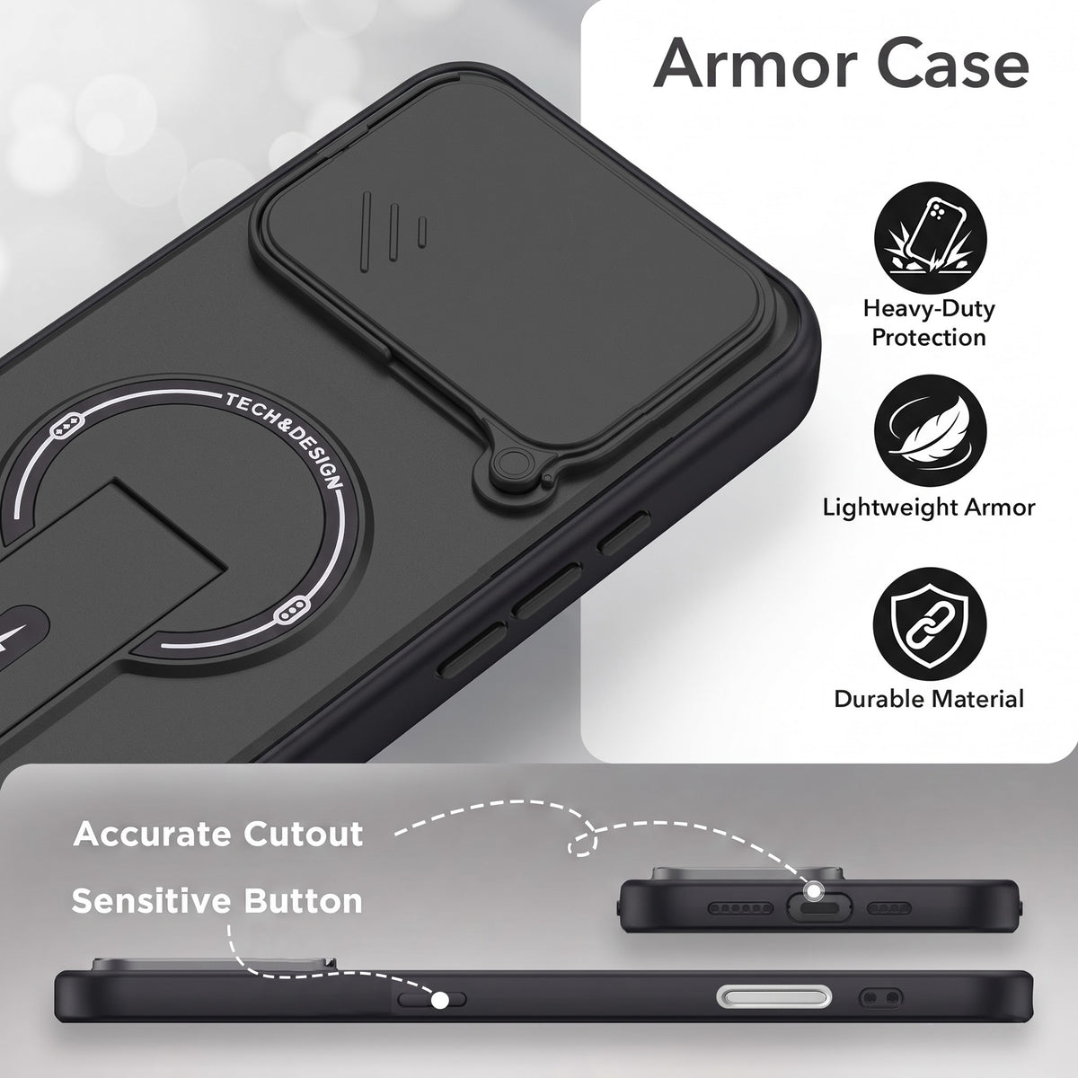 For Apple iPhone 17 Pro Back Case Cover Metallic (Hybrid Armor Kickstand | Sliding Shutter Camera Protection | MagSafe Compatible)