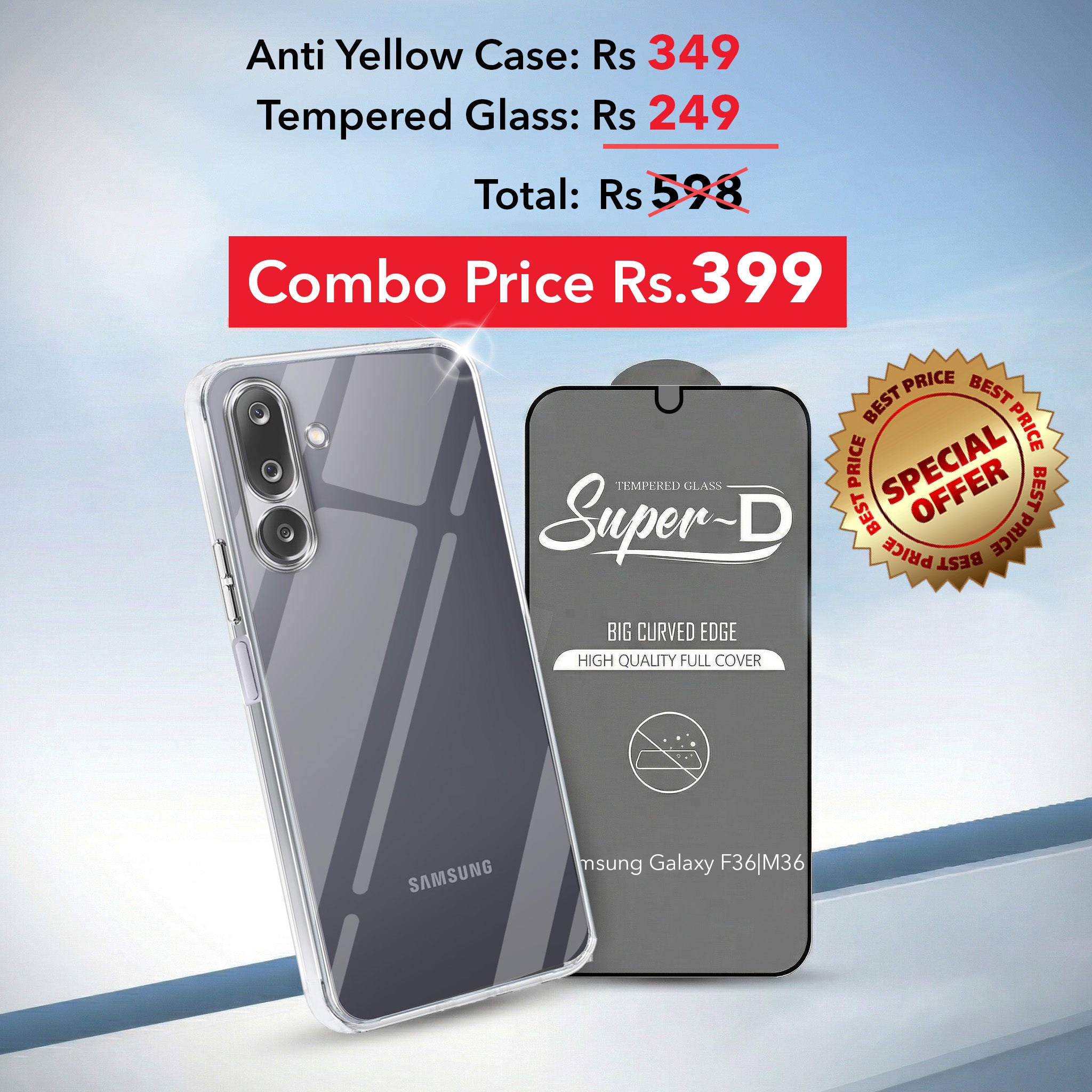 For Samsung Galaxy M36 | Samsung Galaxy F36 Combo with Back Cover and 9H Tempered Glass (Lifetime Anti-Yellow | Sleek Hard Crystal | Oleophobic Coating Screen Glass)
