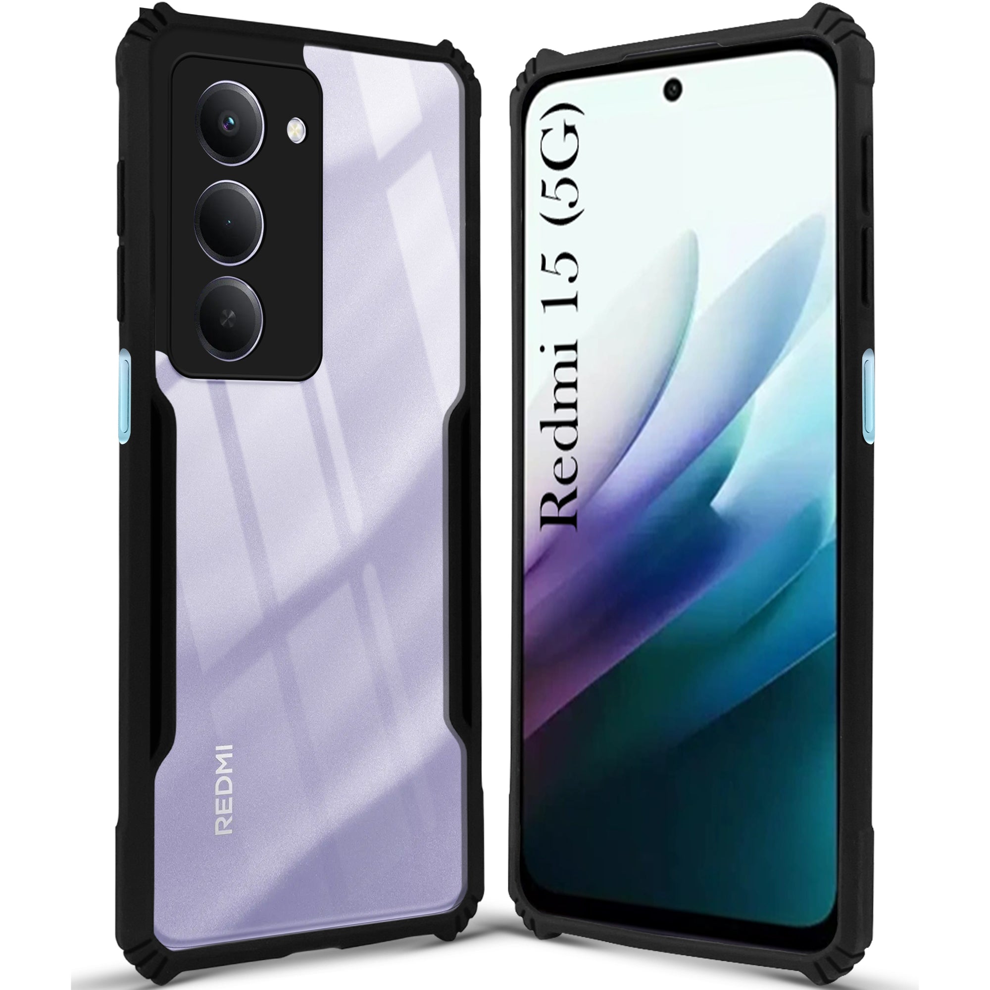 For Redmi 15 Back Cover Case Hybrid (Shockproof with Polycarbonate Clear Panel | Professional Black)