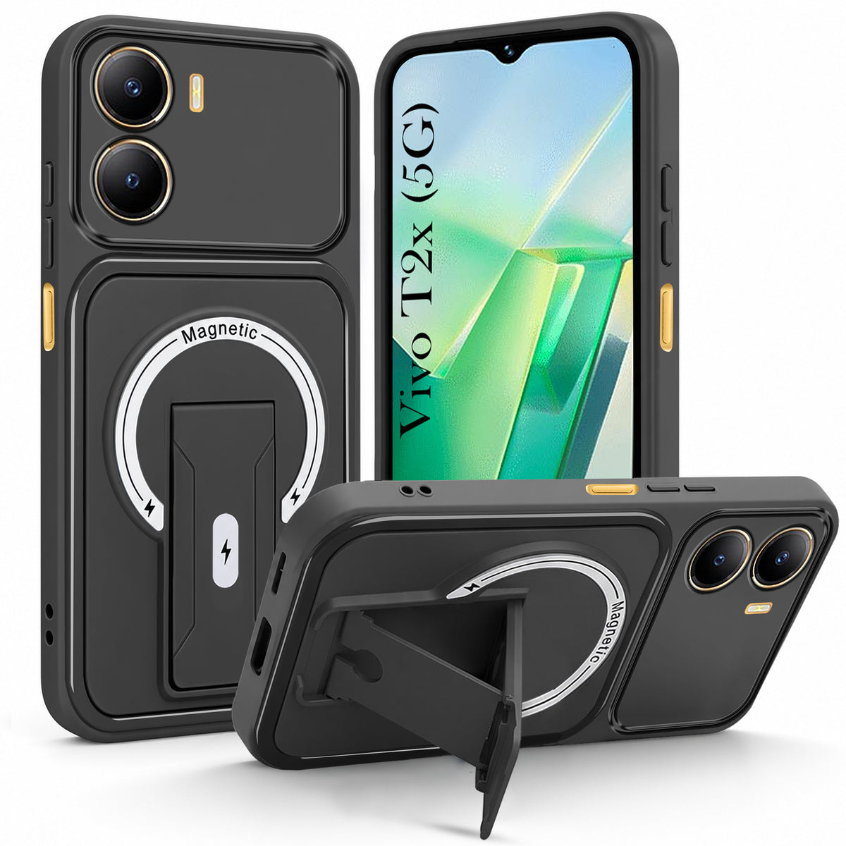For Vivo T2x Back Case Cover Metallic (Hybrid Armor Kickstand | MagSafe Compatible | Camera Protection Shockproof)