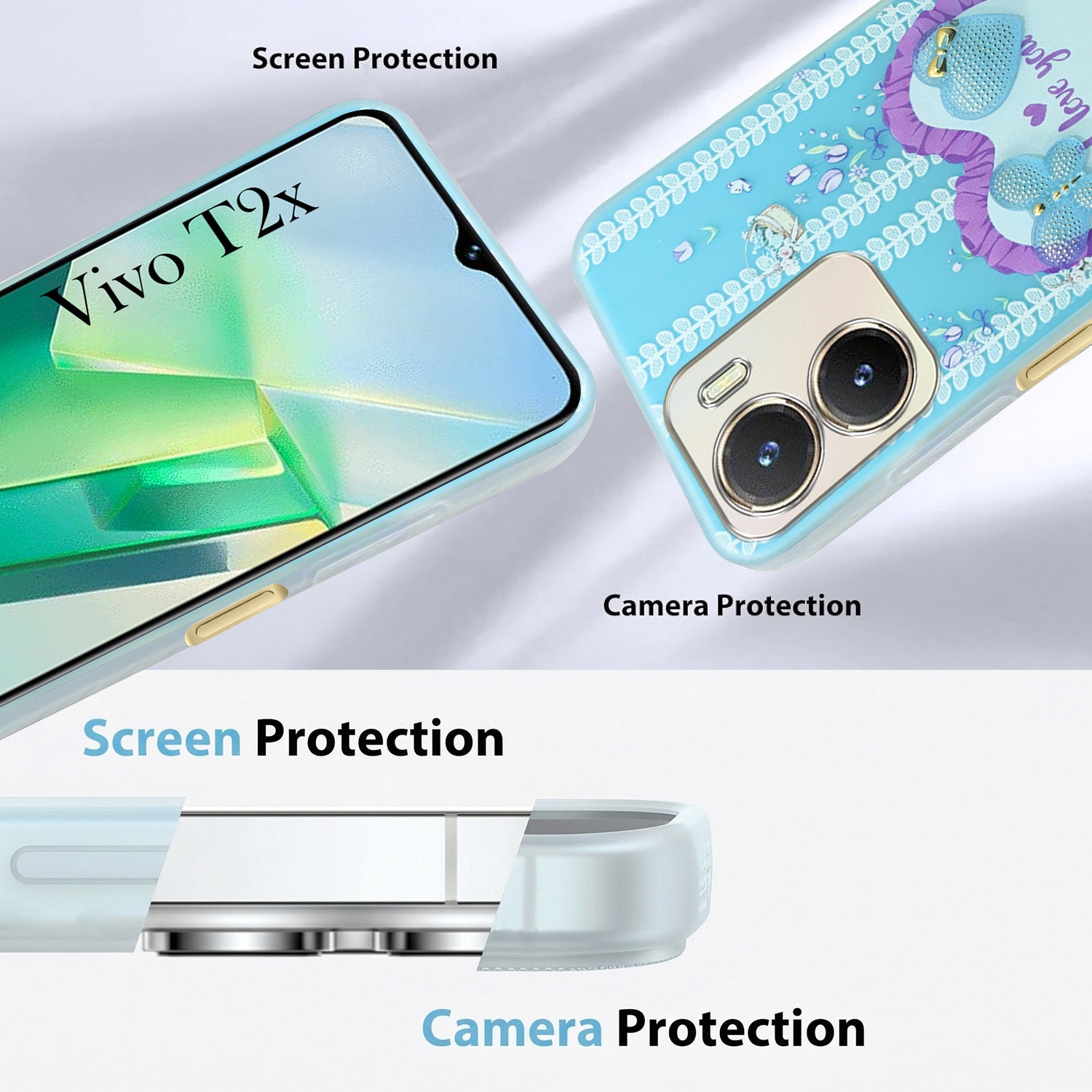 For Vivo T2x Back Cover Case (3D Cute Heart Strap Holder | Camera Protection | Designer Girls Print)