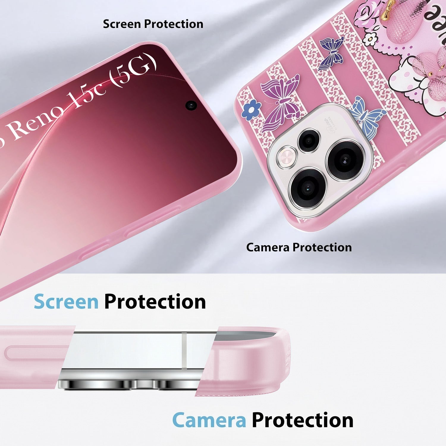 For Oppo Reno 15c Back Cover Case (3D Cute Heart Strap Holder | Camera Protection | Designer Girls Print)