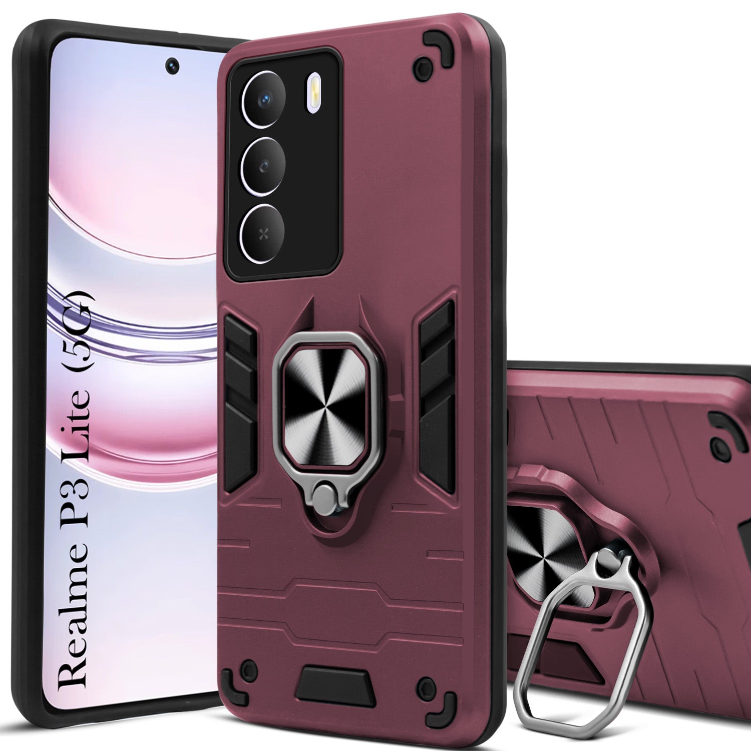 For Realme P3 Lite Hybrid Armor Back Cover Case (Shockproof Dual Layer Polycarbonate |Ring Holder Kickstand)