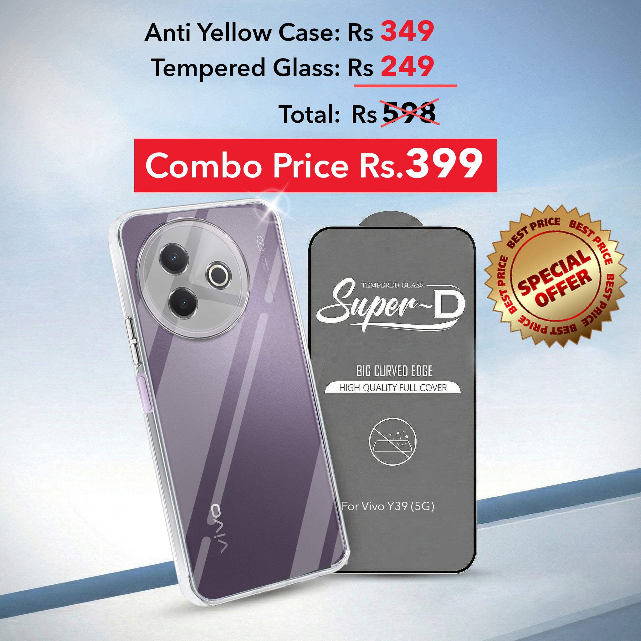 For Vivo Y39 Combo with Back Cover and 9H Tempered Glass (Lifetime Anti-Yellow | Sleek Hard Crystal | Oleophobic Coating Screen Glass)