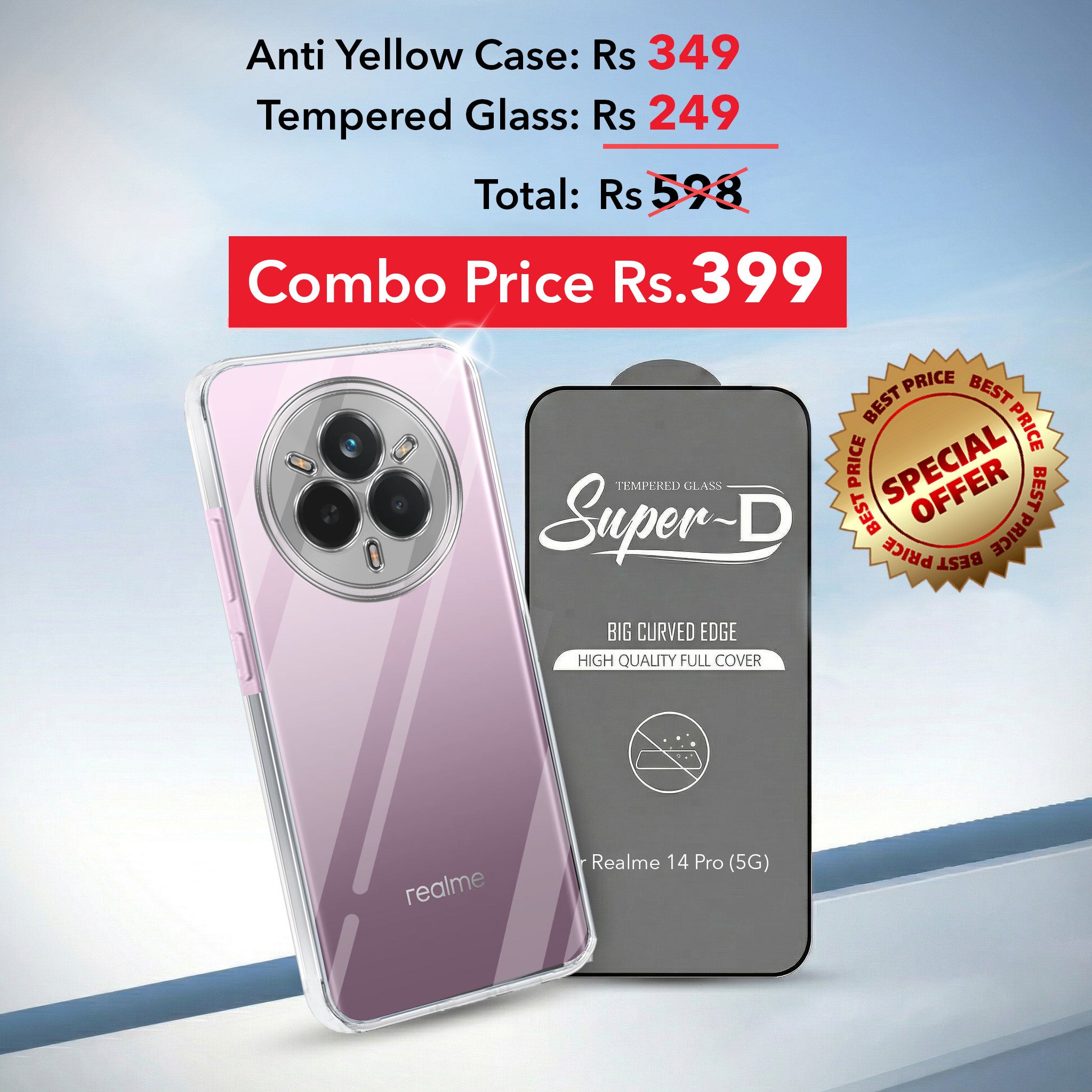 For Realme 14 Pro Combo with Back Cover and 9H Tempered Glass (Lifetime Anti-Yellow | Sleek Hard Crystal | Oleophobic Coating Screen Glass)