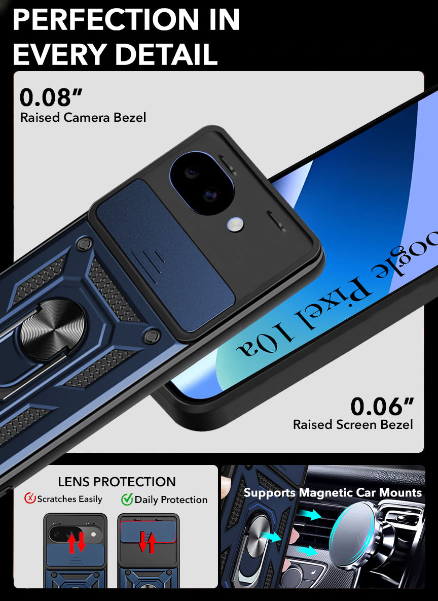 For Google Pixel 10a Back Cover Case Hybrid Armor (Sliding Shutter Camera Protection | Polycarbonate |Ring Holder Kickstand)