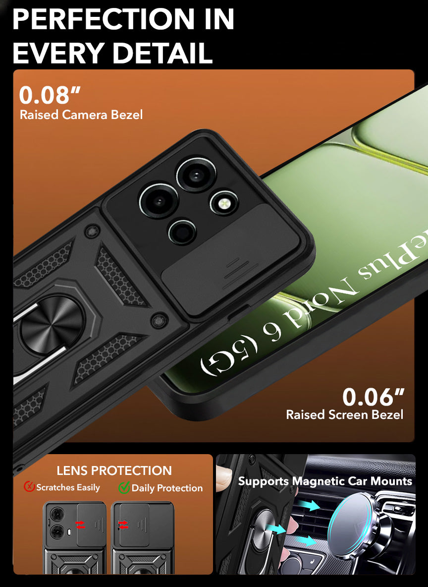 For Oneplus Nord 6 Back Cover Case Hybrid Armor (Sliding Shutter Camera Protection | Polycarbonate |Ring Holder Kickstand)