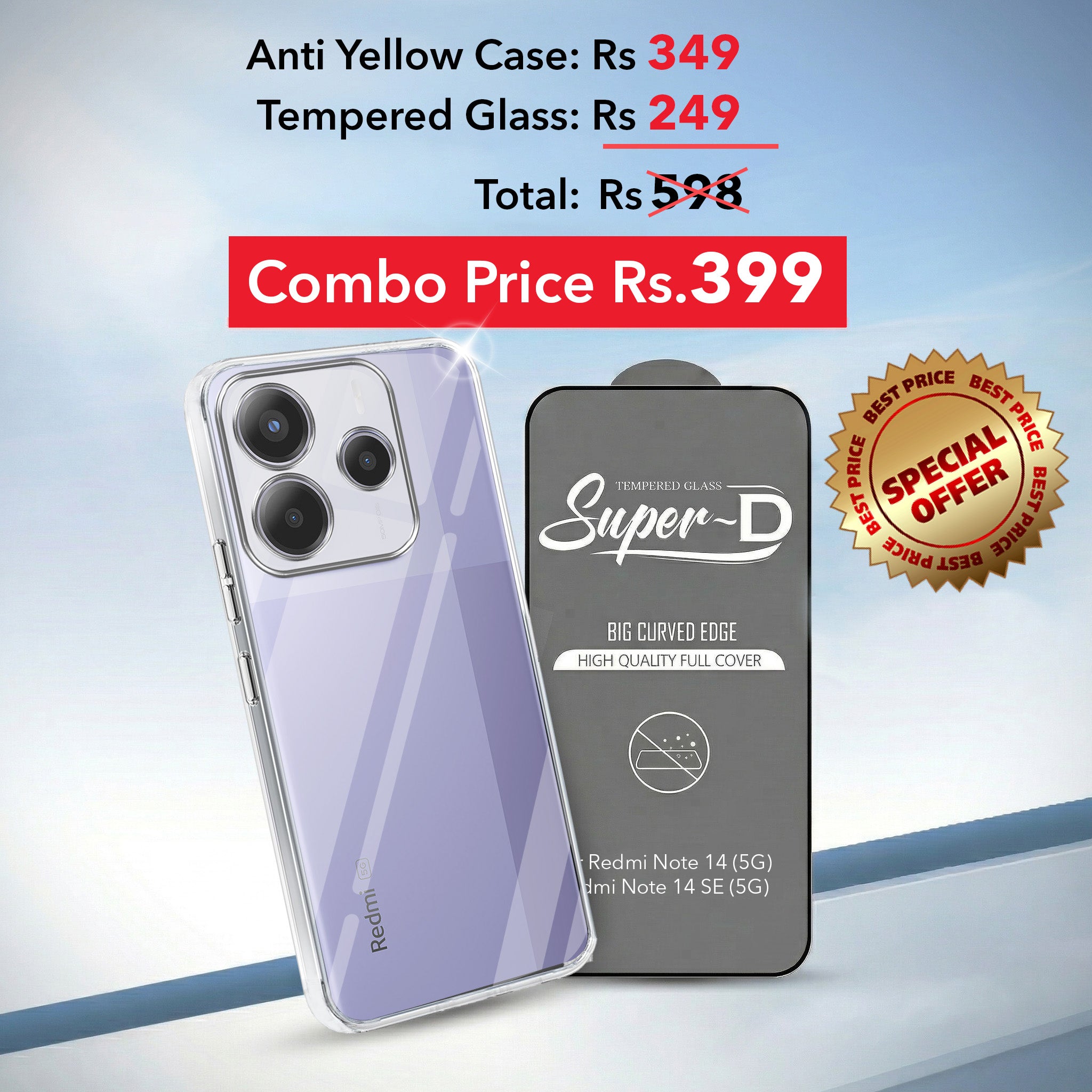 For Redmi Note 14 5G | Redmi Note 14 SE Combo with Back Cover and 9H Tempered Glass (Lifetime Anti-Yellow | Sleek Hard Crystal | Oleophobic Coating Screen Glass)