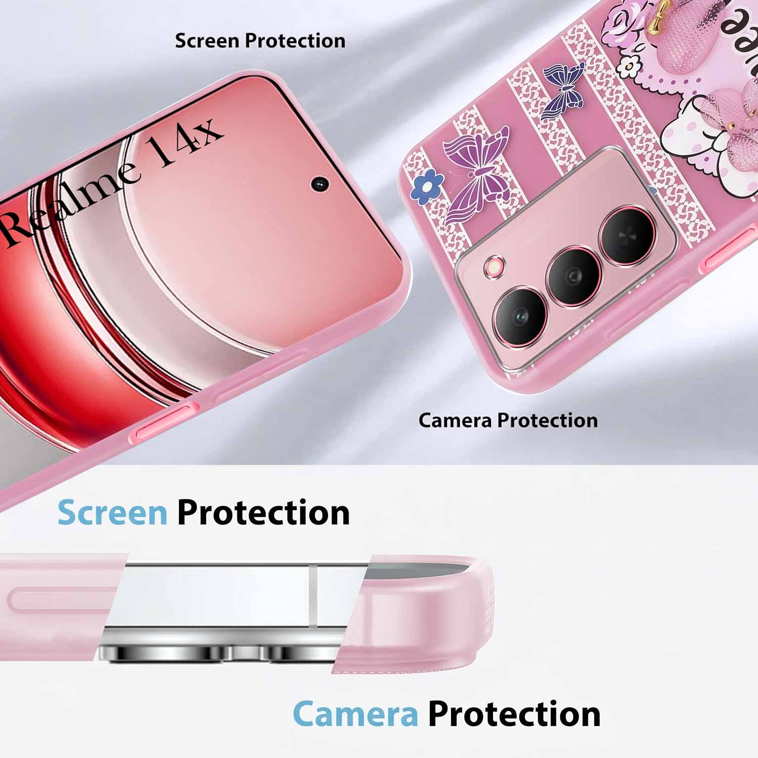 For Realme 14X Back Cover Case (3D Cute Heart Strap Holder | Camera Protection | Designer Girls Print)