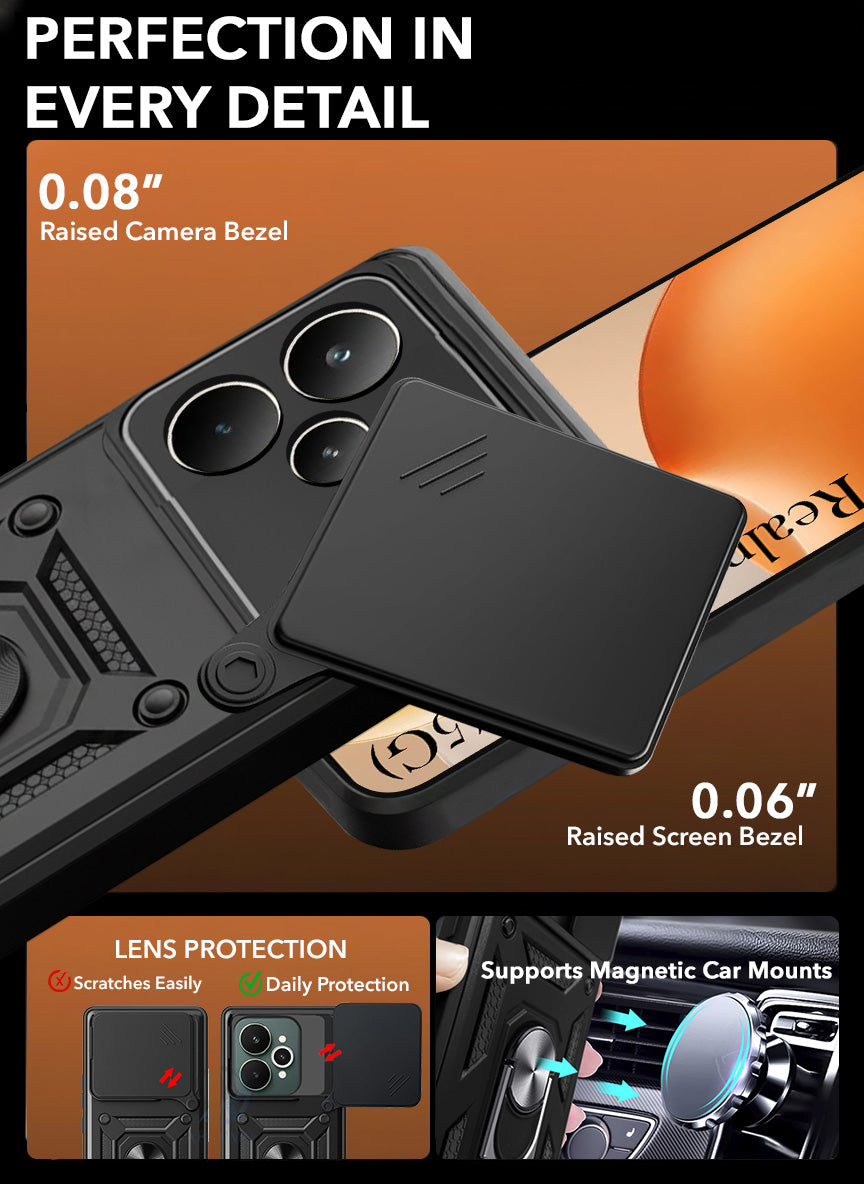 For Realme P4 Pro Hybrid Armor Back Cover Case (Sliding Shutter Camera Protection | Polycarbonate |Ring Holder Kickstand)