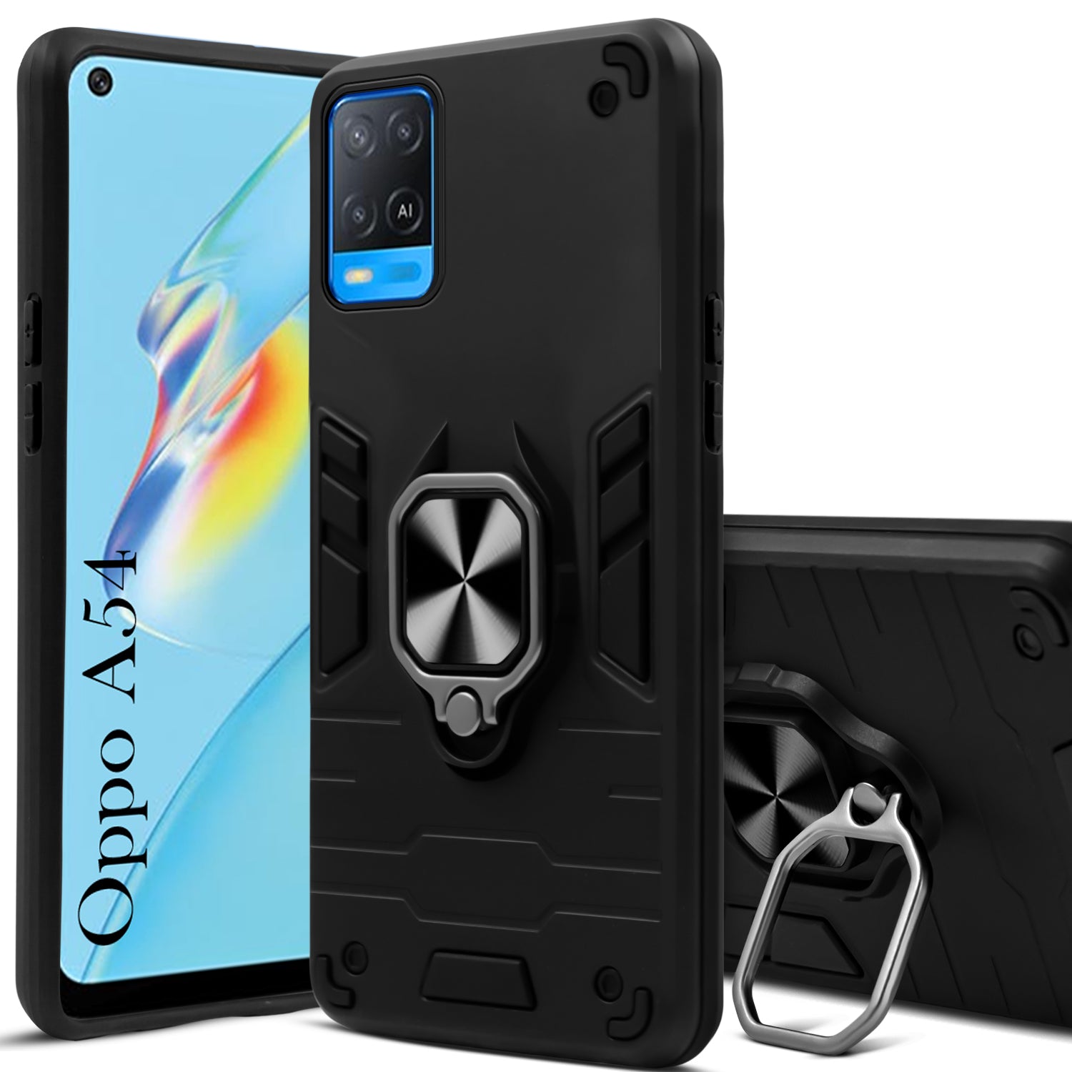 For Oppo A54 Back Cover Case Hybrid Armor (Shockproof Dual Layer Polycarbonate |Ring Holder Kickstand)