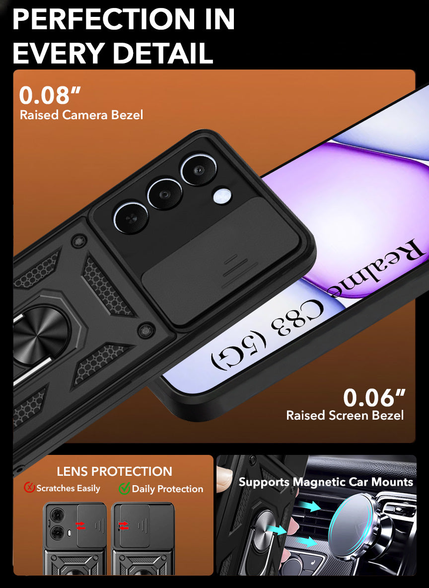 For Realme C83 5G Back Cover Case Hybrid Armor (Sliding Shutter Camera Protection | Polycarbonate |Ring Holder Kickstand)