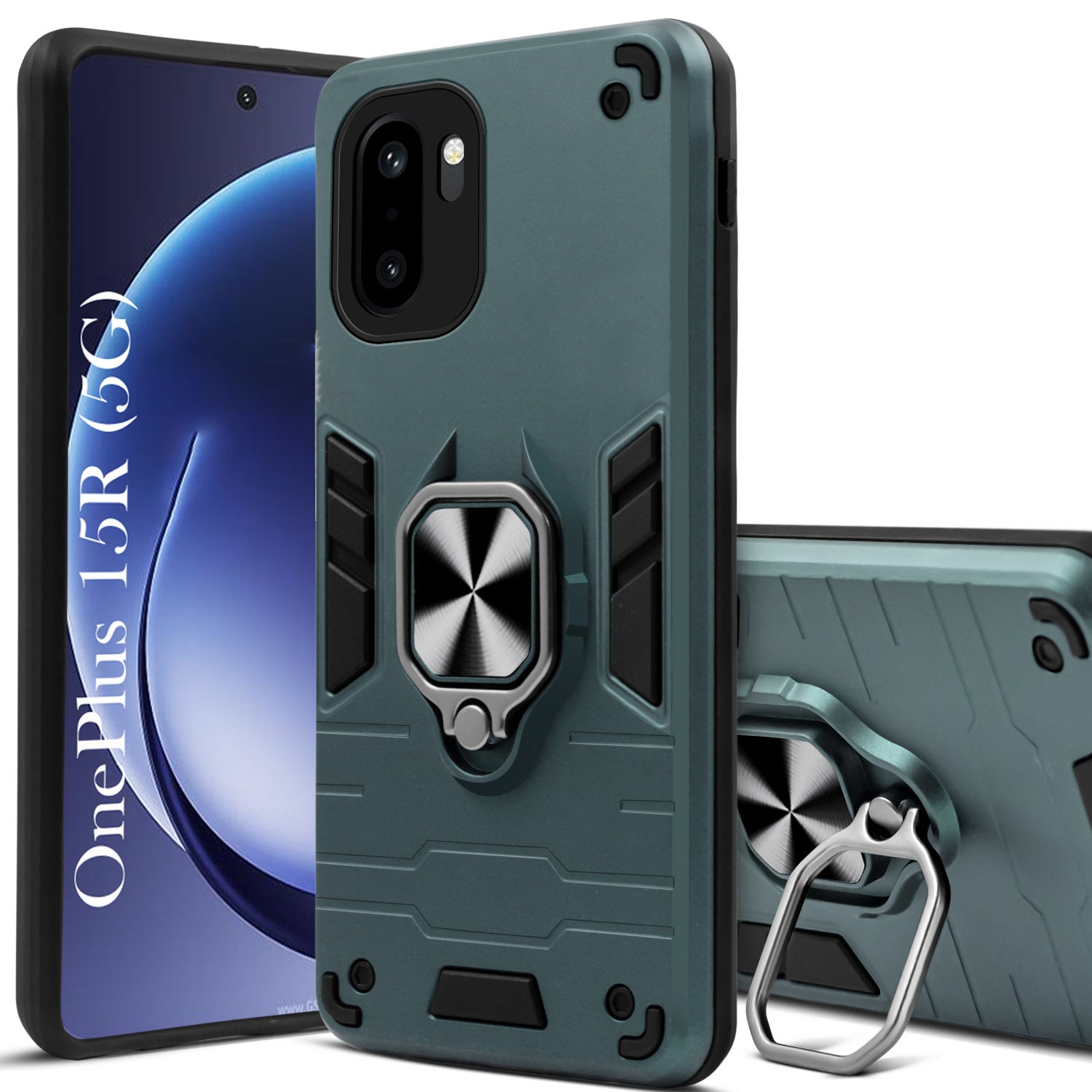 For OnePlus 15R Back Cover Case Hybrid Armor (Shockproof Dual Layer Polycarbonate |Ring Holder Kickstand)