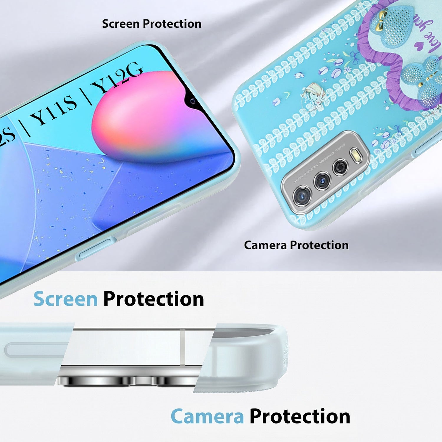 For Vivo Y12s | Y11s | Y12G Back Cover Case (3D Cute Heart Strap Holder | Camera Protection | Designer Girls Print)
