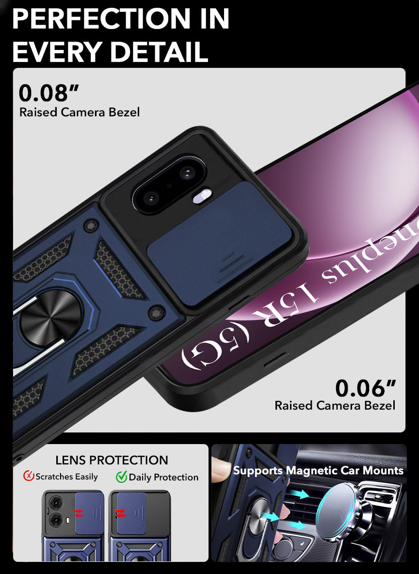 For OnePlus 15R Back Cover Case Hybrid Armor (Sliding Shutter Camera Protection | Polycarbonate |Ring Holder Kickstand)