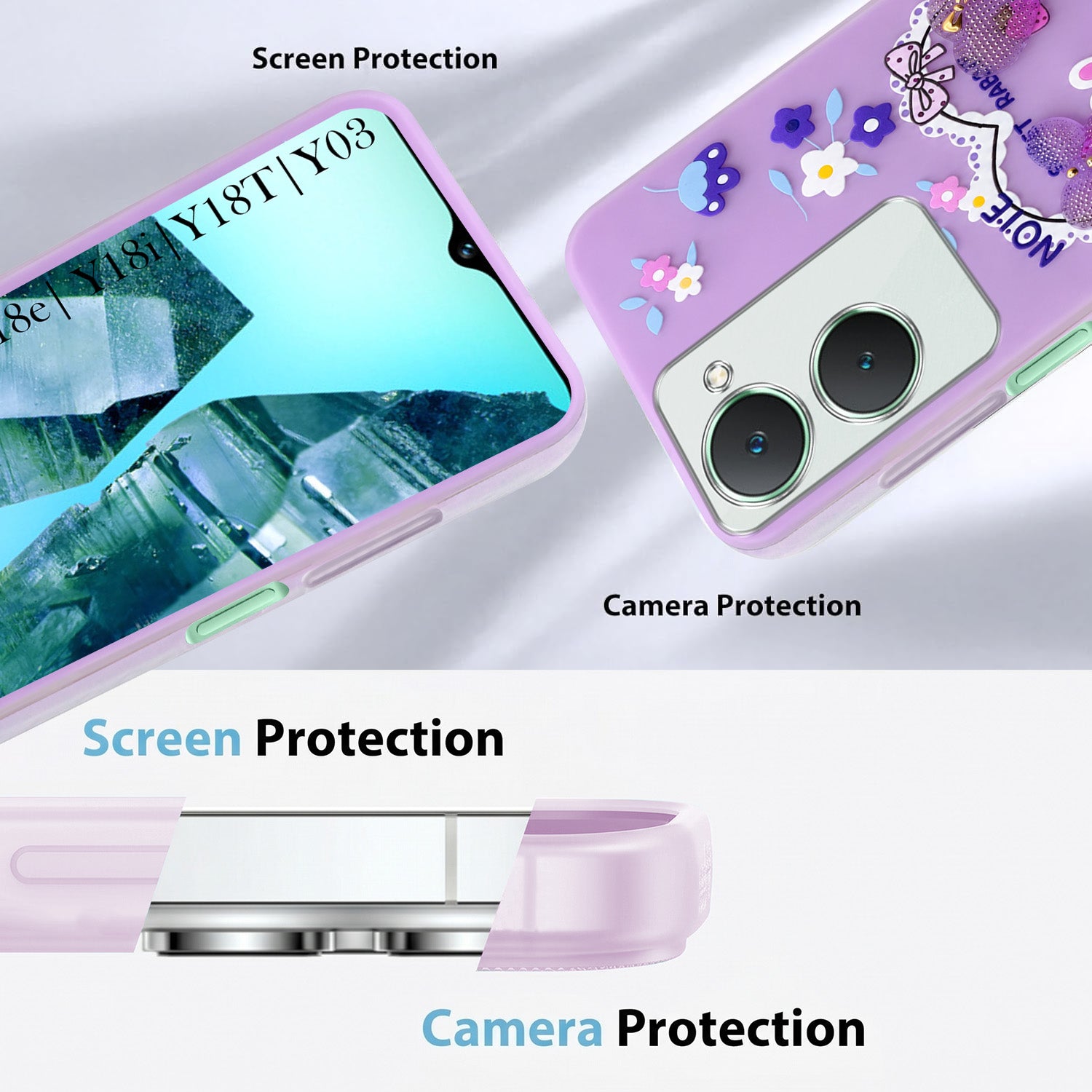 For Vivo Y18 | Y18e | Y03 | Y18i | Y18t Back Cover Case (3D Cute Heart Strap Holder | Camera Protection | Designer Girls Print)