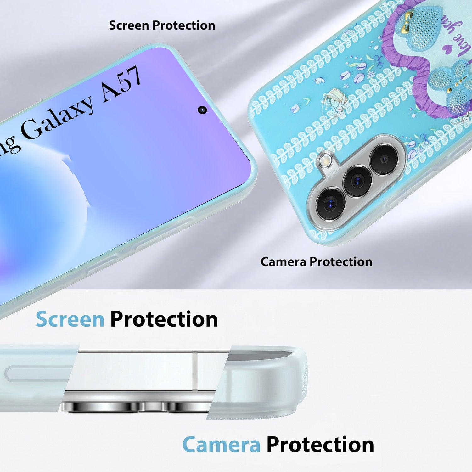 For Samsung Galaxy A57 Back Cover Case (3D Cute Heart Strap Holder | Camera Protection | Designer Girls Print)
