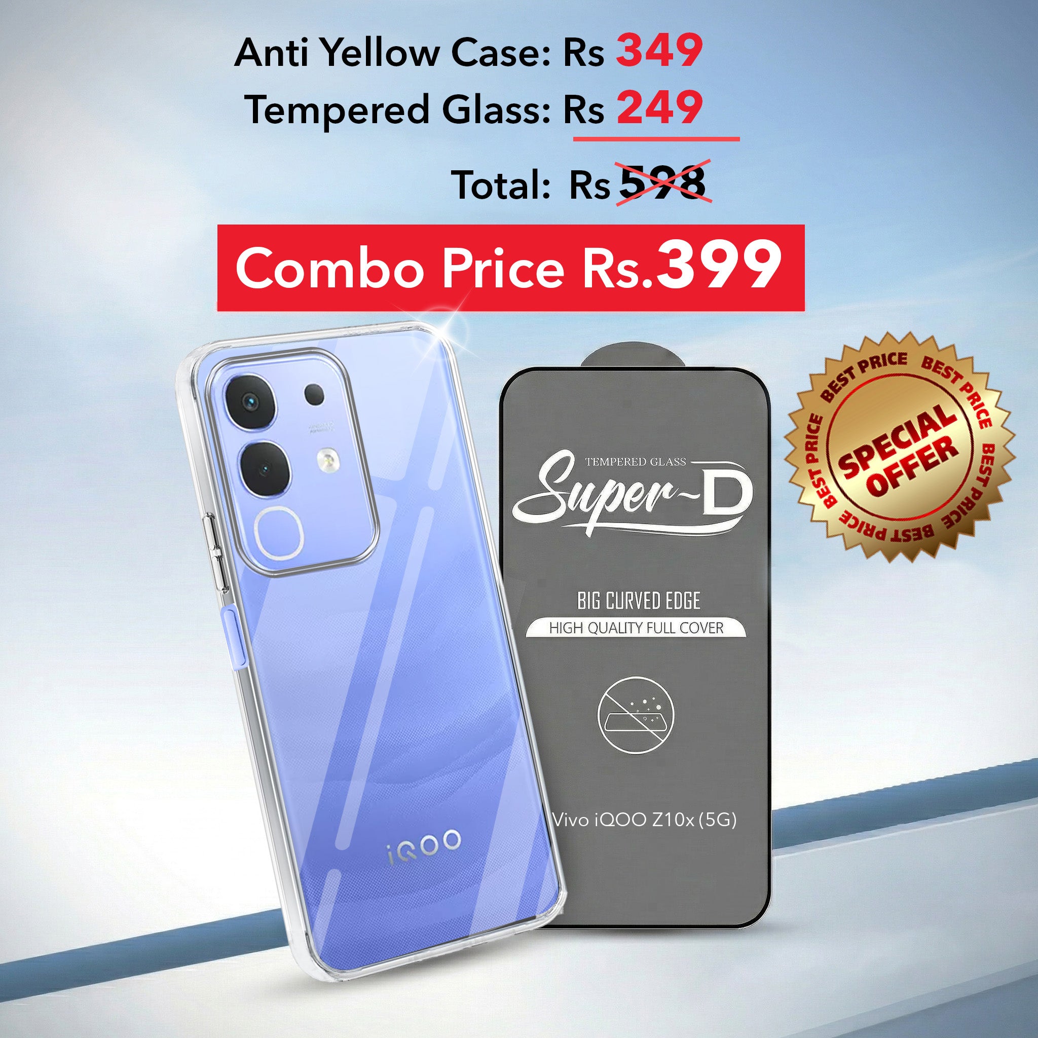 For Vivo iQOO Z10x Combo with Back Cover and 9H Tempered Glass (Lifetime Anti-Yellow | Sleek Hard Crystal | Oleophobic Coating Screen Glass)