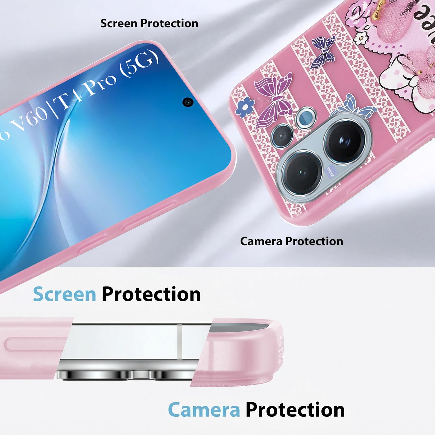 For Vivo V60 | Vivo T4 Pro Back Cover Case (3D Cute Heart Strap Holder | Camera Protection | Designer Girls Print)