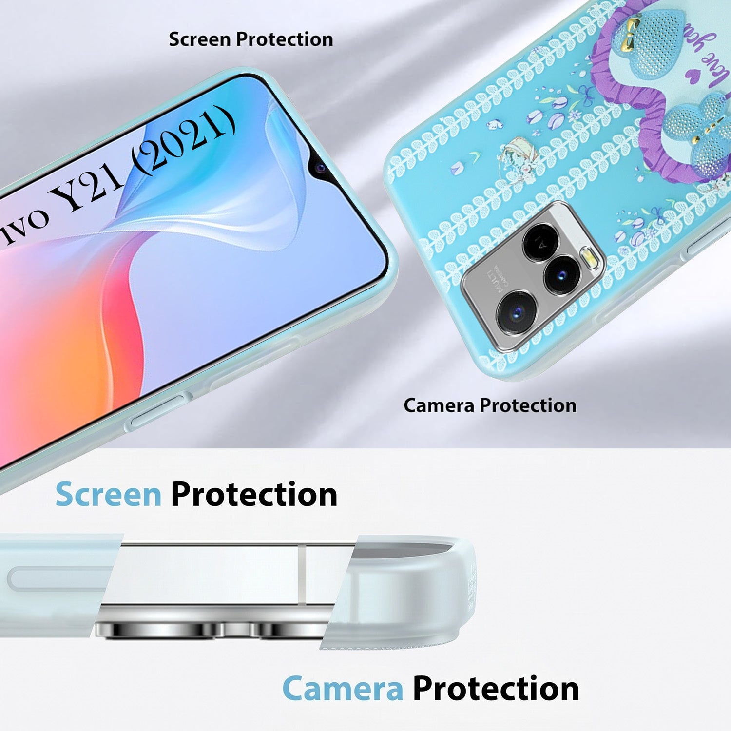 For Vivo Y21 (2021) Back Cover Case (3D Cute Heart Strap Holder | Camera Protection | Designer Girls Print)