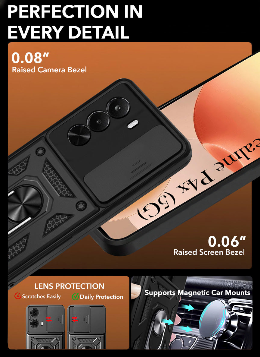 For Realme P4x Back Cover Case Hybrid Armor (Sliding Shutter Camera Protection | Polycarbonate |Ring Holder Kickstand)