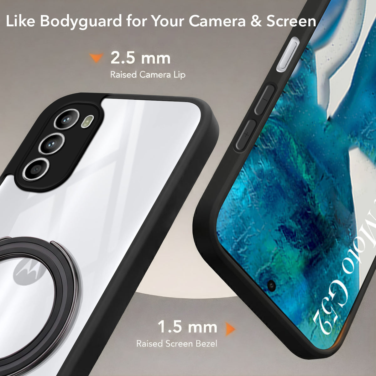 For Motorola Moto G52 5G Back Cover Case (Kick Stand Ring Holder | Life time Anti Yellow | Camera Protection)