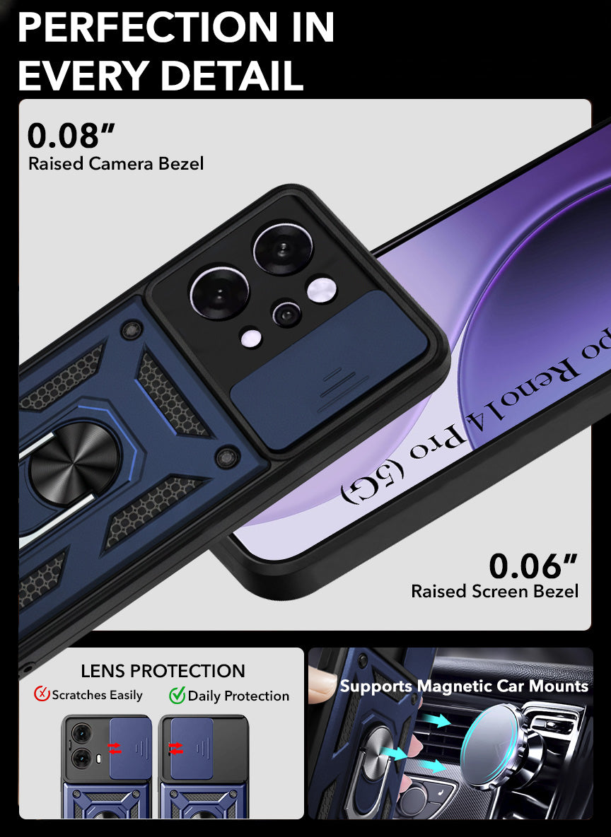 For Oppo Reno14 Pro 5G | Oppo Reno 14 Pro 5G Back Cover Case (Sliding Shutter Camera Protection | Polycarbonate |Ring Holder Kickstand)
