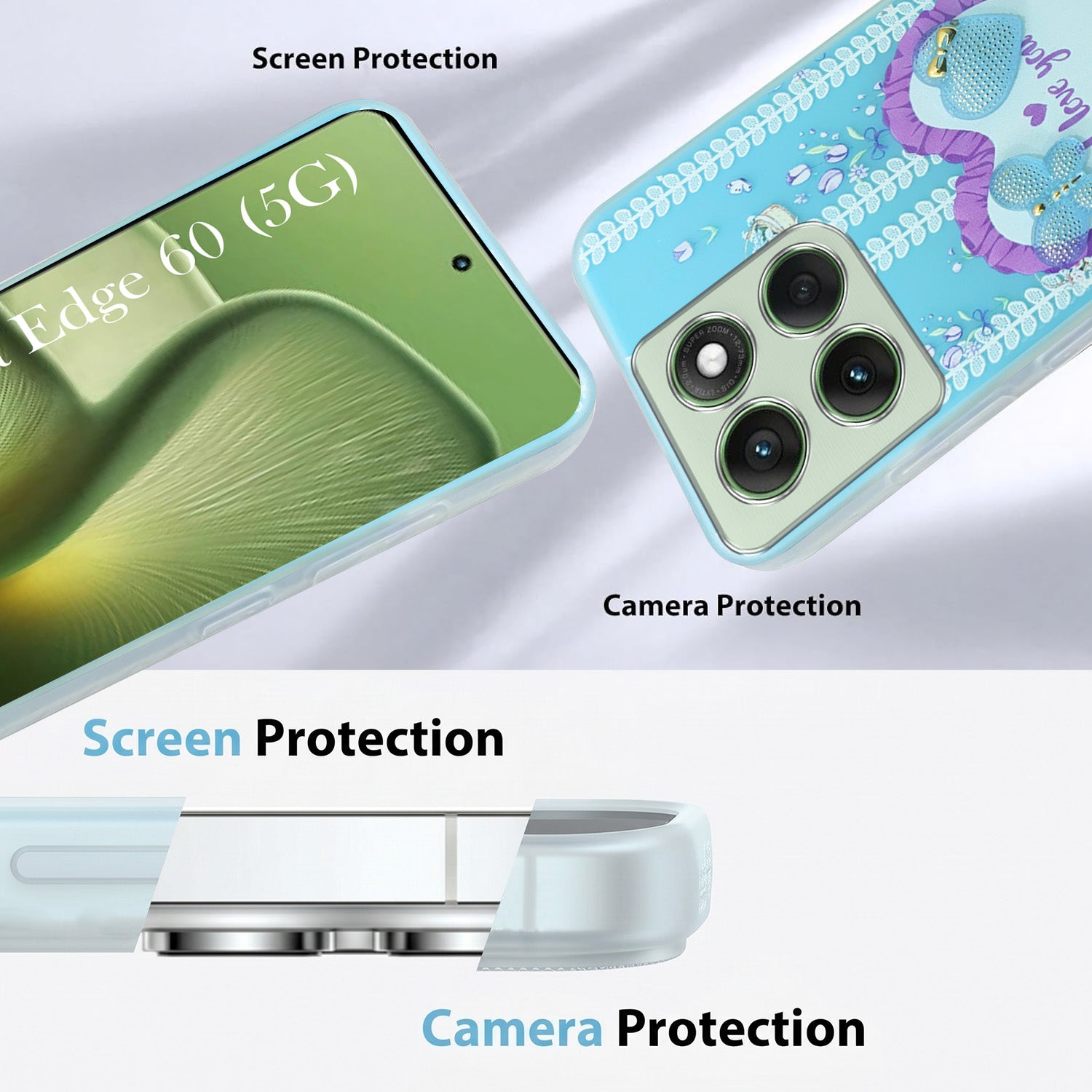 For Motorola Moto Edge 60 Back Cover Case (3D Cute Heart Strap Holder | Camera Protection | Designer Girls Print)