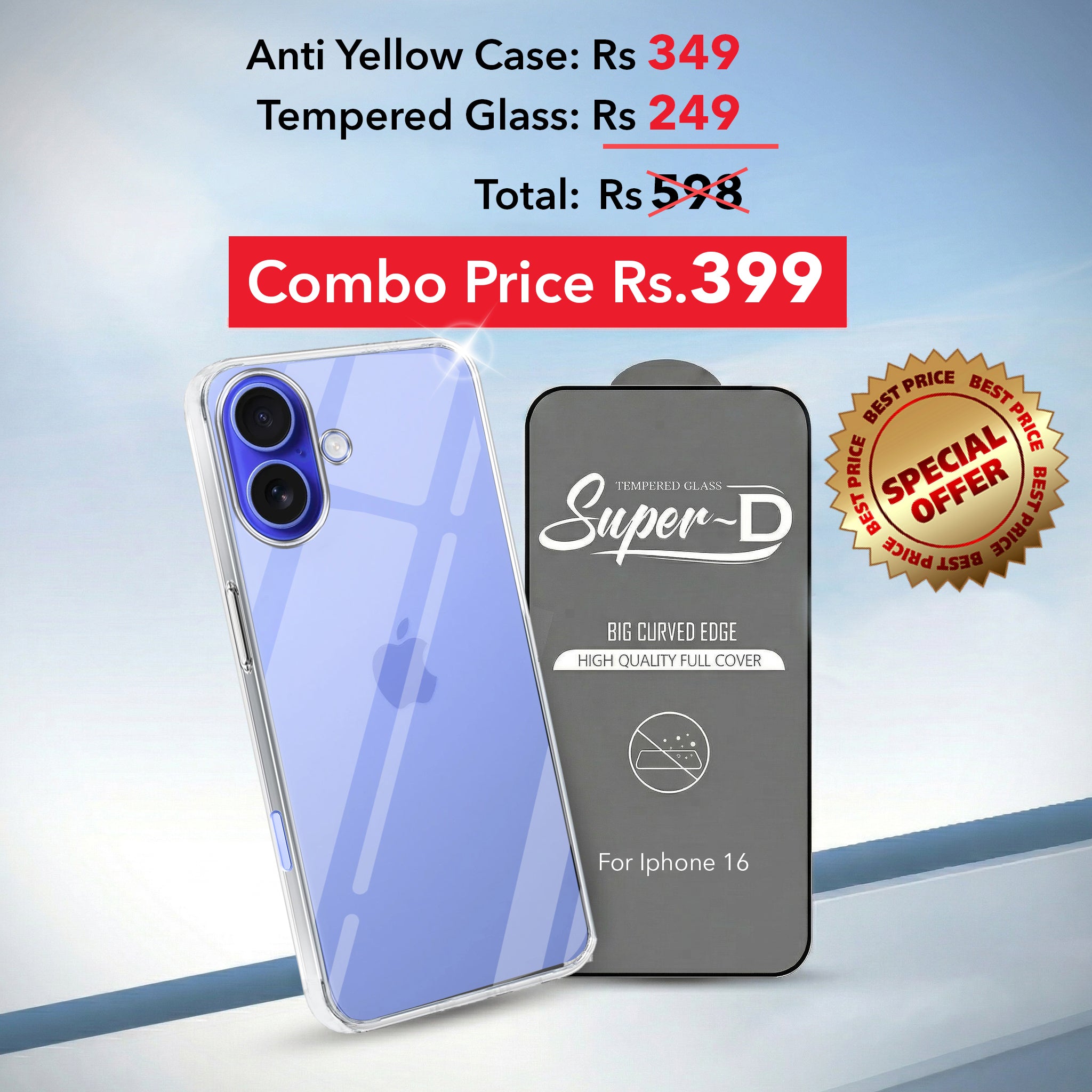 For Apple iPhone 16 Combo with Back Cover and 9H Tempered Glass (Lifetime Anti-Yellow | Sleek Hard Crystal | Oleophobic Coating Screen Glass)