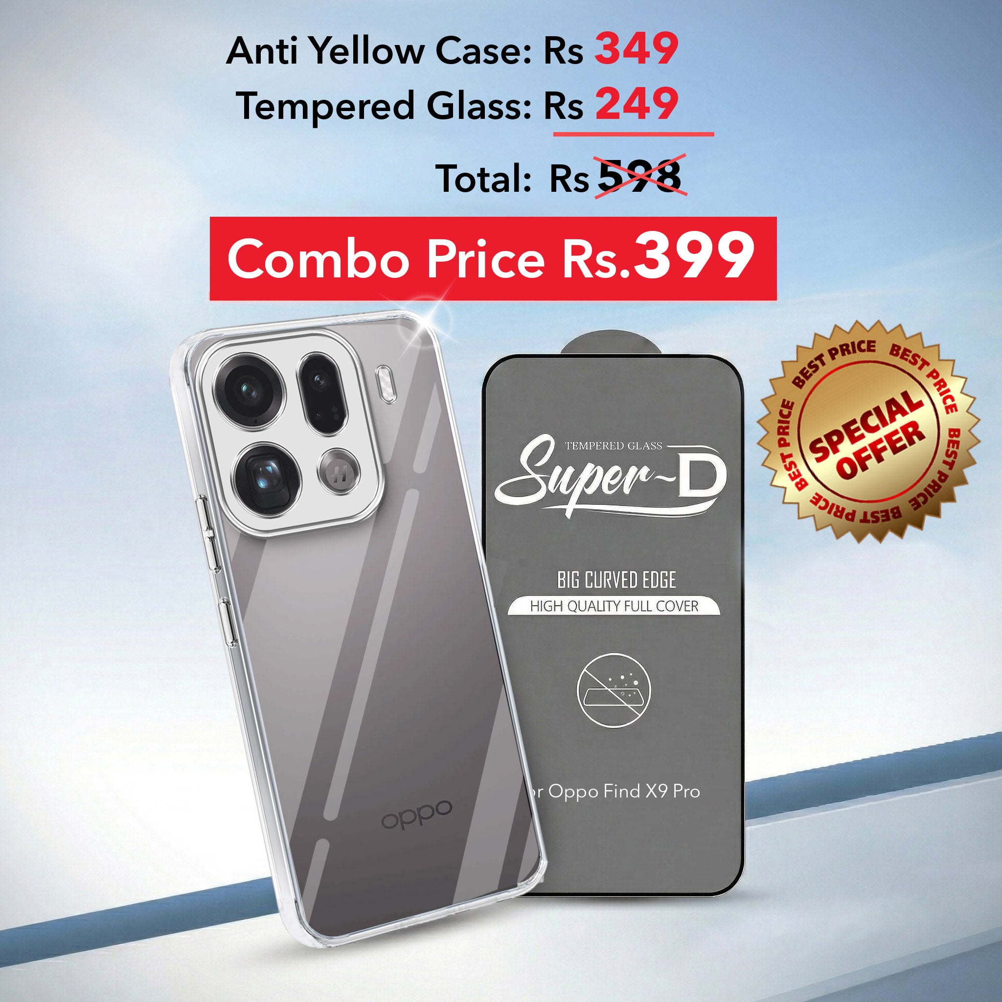 For Oppo Find X9 Pro Combo with Back Cover and 9H Tempered Glass (Lifetime Anti-Yellow | Sleek Hard Crystal | Oleophobic Coating Screen Glass)