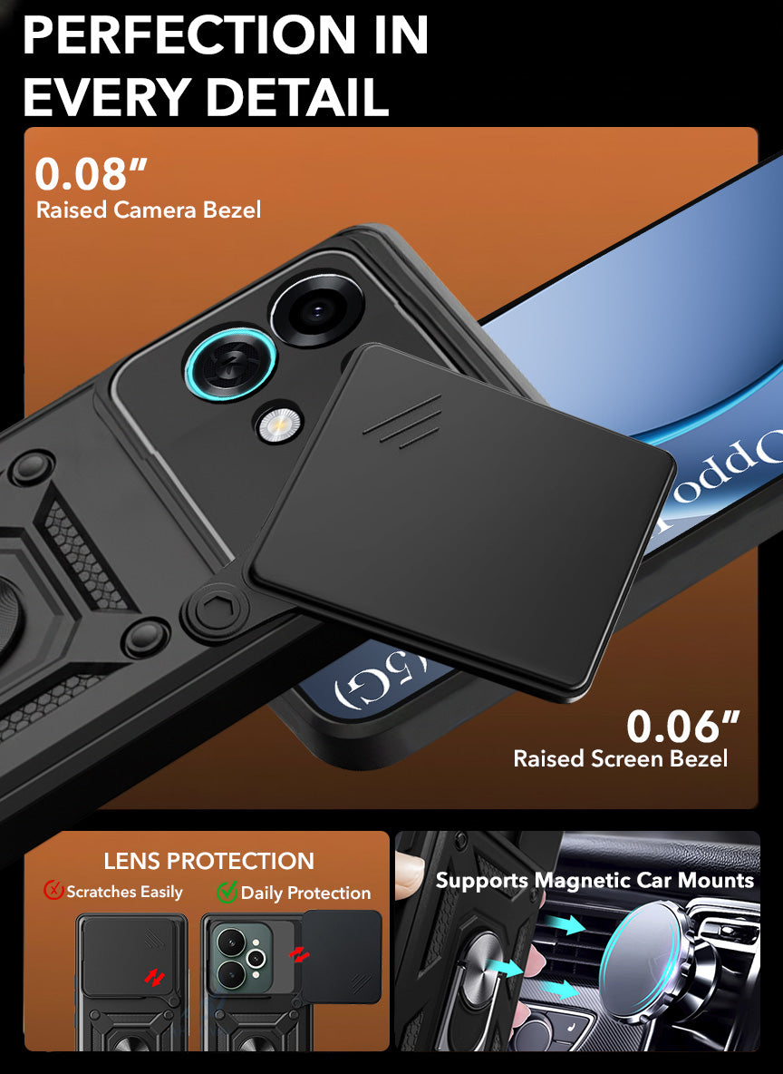 For Oppo K13 Turbo | Oppo K13 Turbo Pro Back Cover Case Hybrid Armor (Sliding Shutter Camera Protection | Polycarbonate |Ring Holder Kickstand)